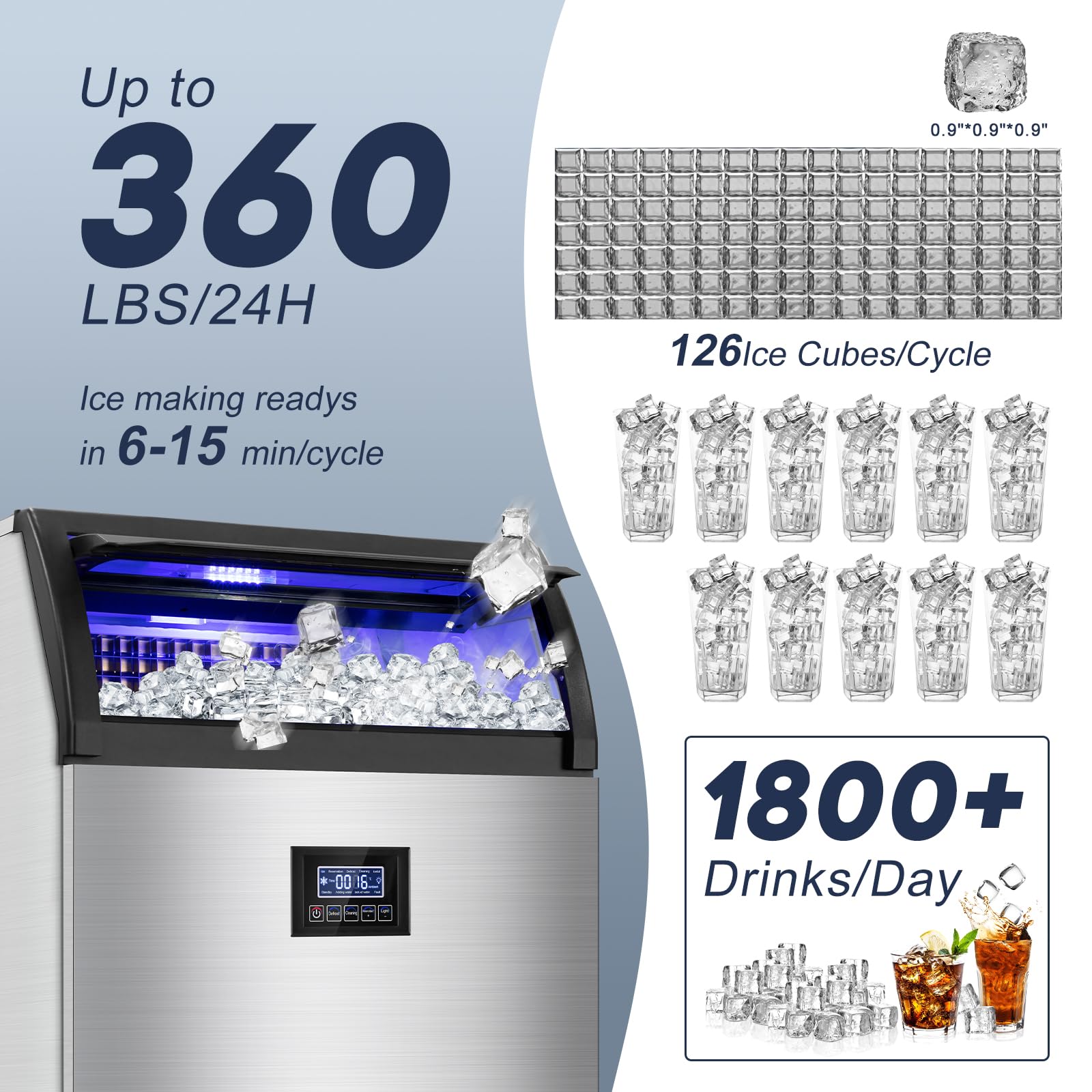 Commercial Ice Maker Machine 360LBS/24H with 80LBS Storage Bin - 126 Ice Cubes Per Batch, Stainless Steel Undercounter or Freestanding Ice Machine for Home Bar, Restaurant, Outdoor Party - Self Cleaning & Energy Efficient