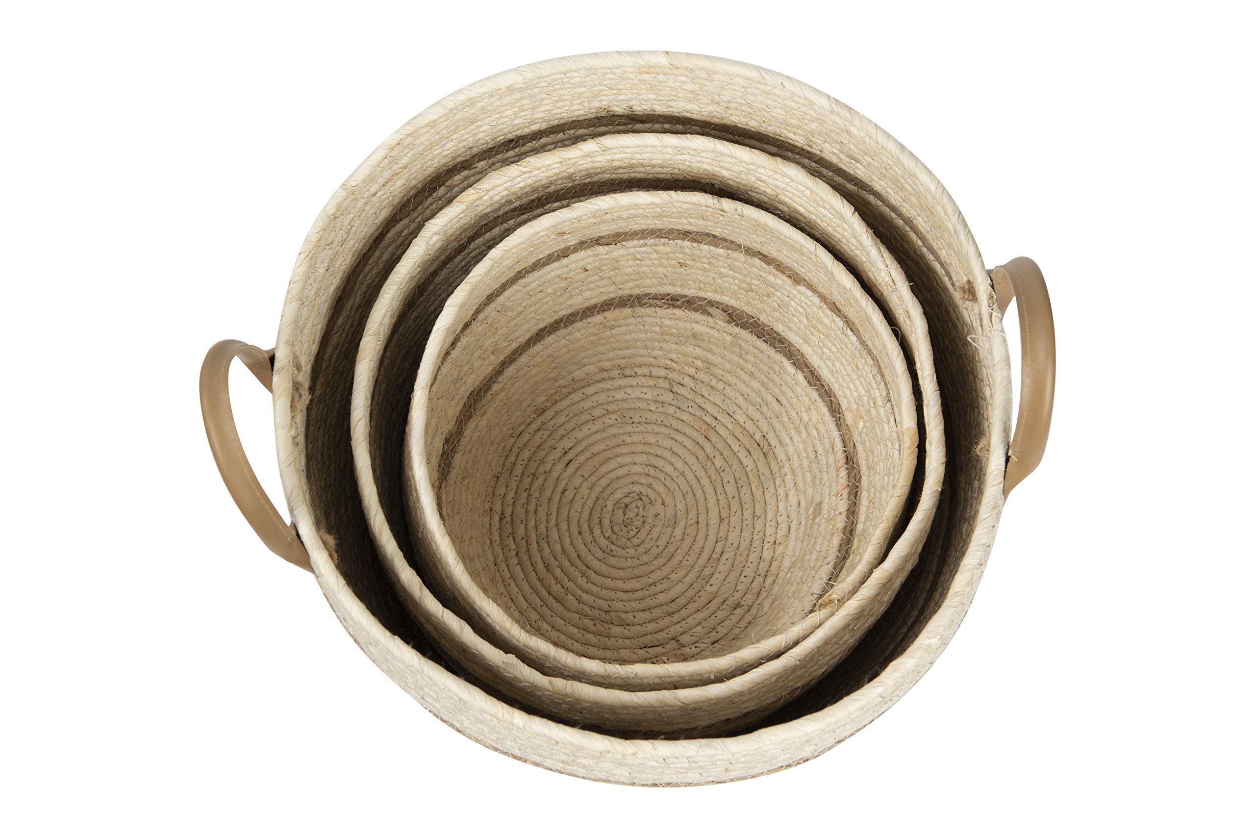 Creative Co-Op Set of 3 Beige & Brown Wicker Storage Baskets with Leather Handles - Small Medium Large Sizes for Home Organization, Bathroom, Bedroom & Office Decor