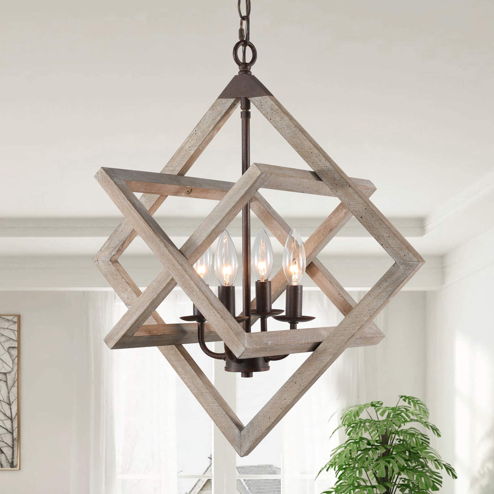 Rustic Wood Farmhouse Chandelier - 4-Light Vintage Wooden Pendant Light Fixture for Kitchen Island, Living Room, Dining Room & Entryway - Perfect for Farmhouse, Cottage & Country Home Decor