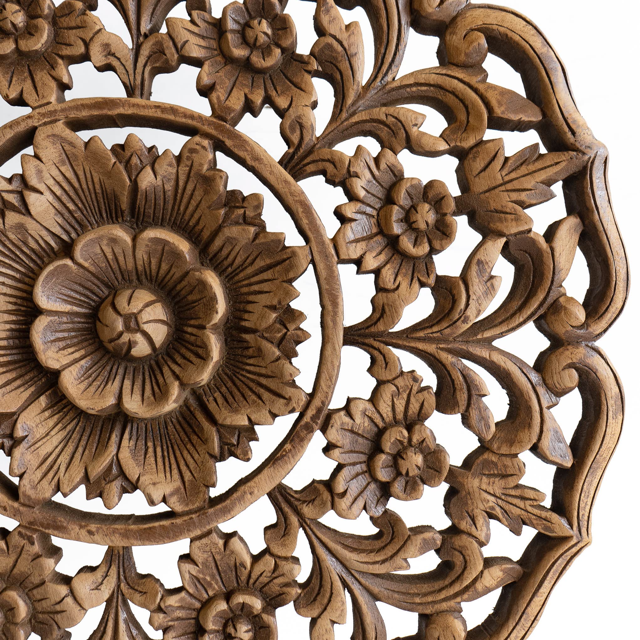 Handmade Teak Wood Lotus Circle Medallion Wall Hanging - 24 Inch Rustic Brown Carved Wood Art for Home Decor, Living Room, Bedroom & Boho Style Interiors