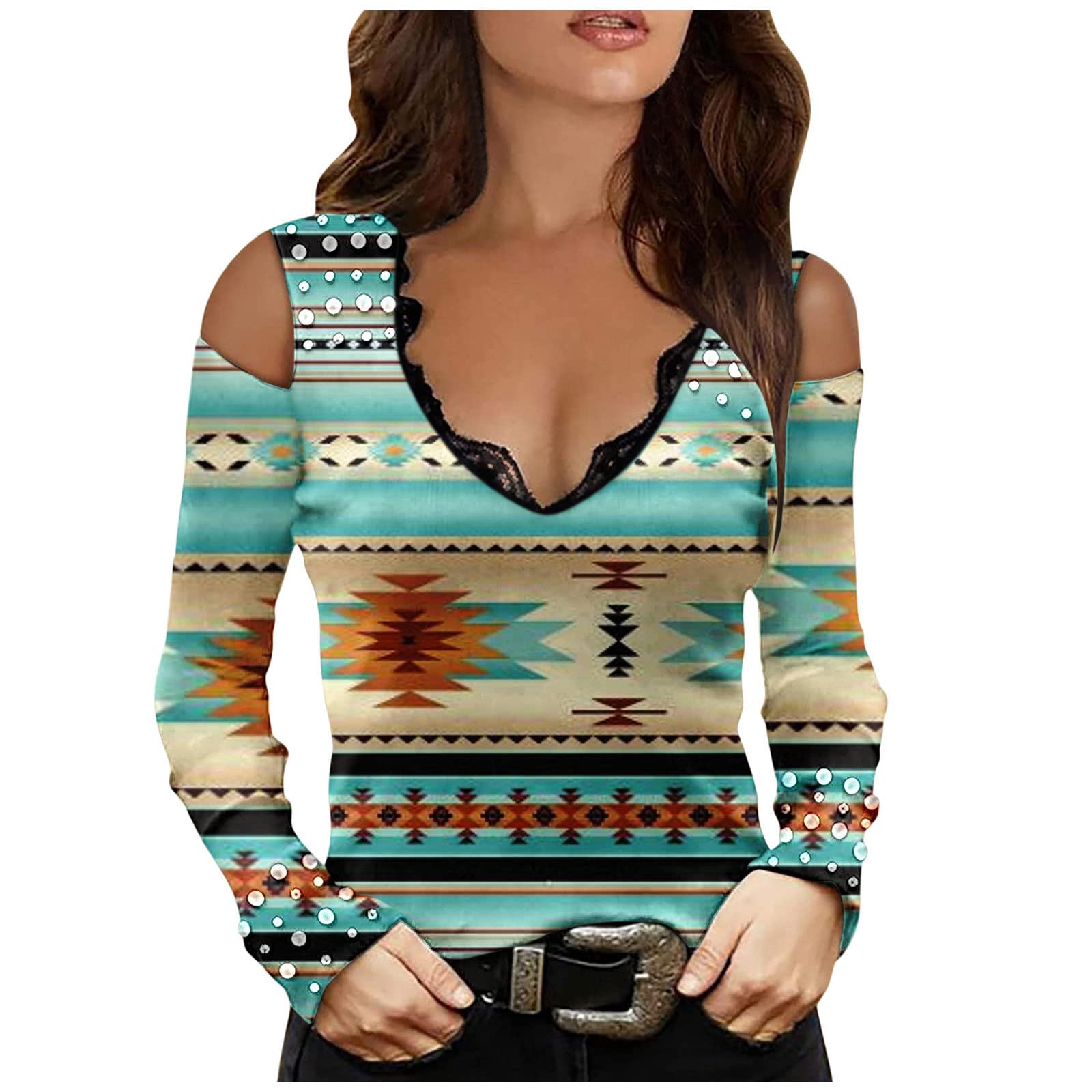 Women's Long Sleeve Cold Shoulder Tunic Top - Sexy Lace Trim V-Neck Blouse for Casual & Dressy Occasions - Plus Size Spring T-Shirt Style Tops for Work, Date Night & Weekend Outfits