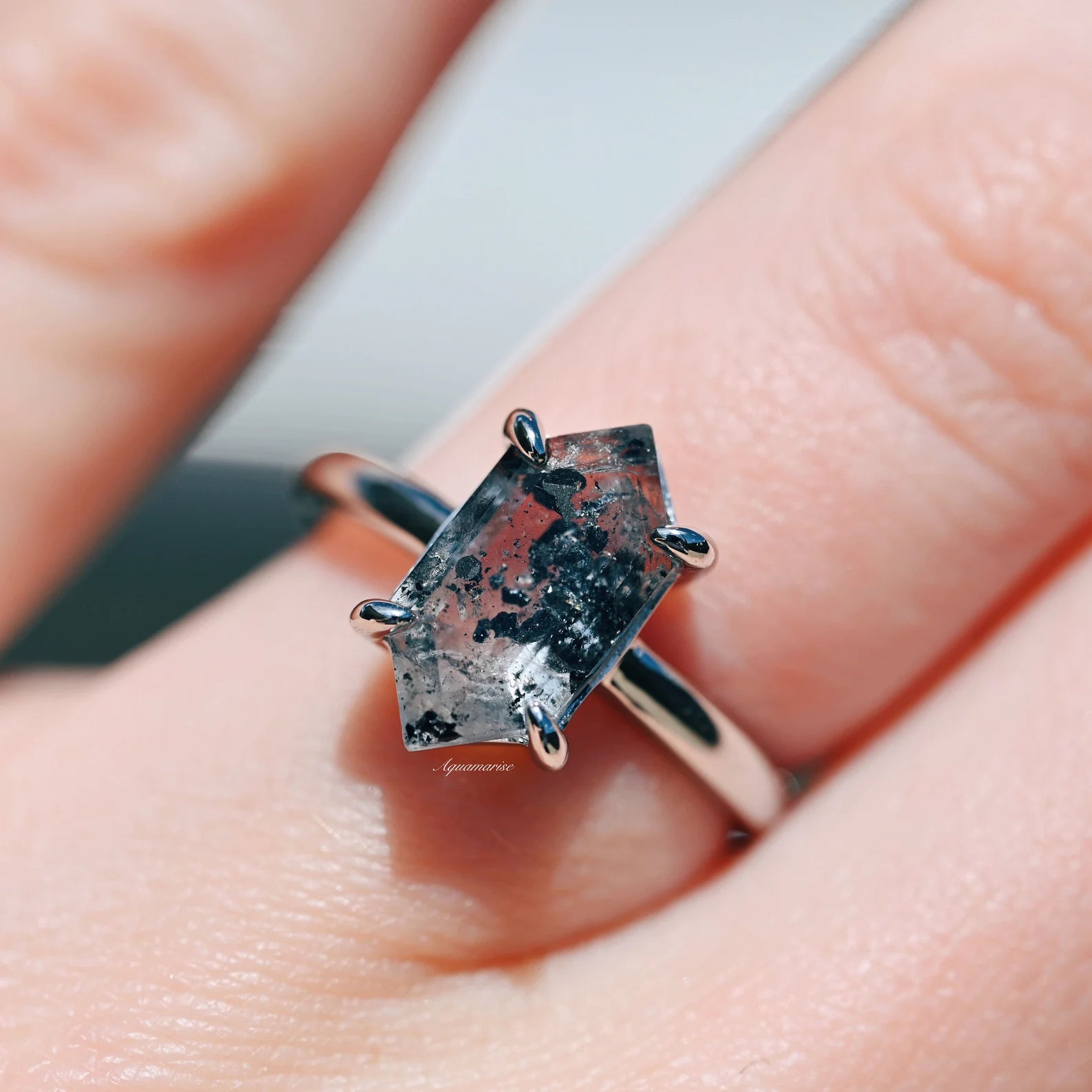 Hexagon Galaxy Raw Salt & Pepper Herkimer Diamond Ring - Sterling Silver Jewelry for Women, Unique Handmade Wedding Engagement Gift, Boho Hippie Style Accessory for Everyday Wear & Special Occasions