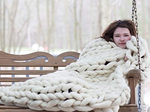 Chunky Knit Blanket - Giant Merino Wool Throw Handmade for Bed, Sofa & Chair - Soft & Cozy Ivory Blanket (47