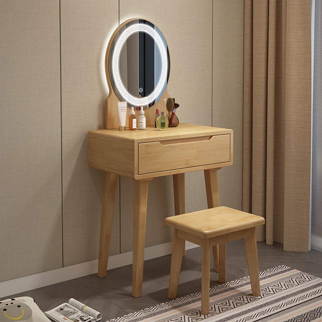 Modern Vanity Table Set with Adjustable LED Mirror & Cushioned Stool - 2 Drawers, Storage Shelf - Walnut Dressing Makeup Desk for Women & Girls - Perfect for Bedroom, Dorm Room, or Beauty Salon