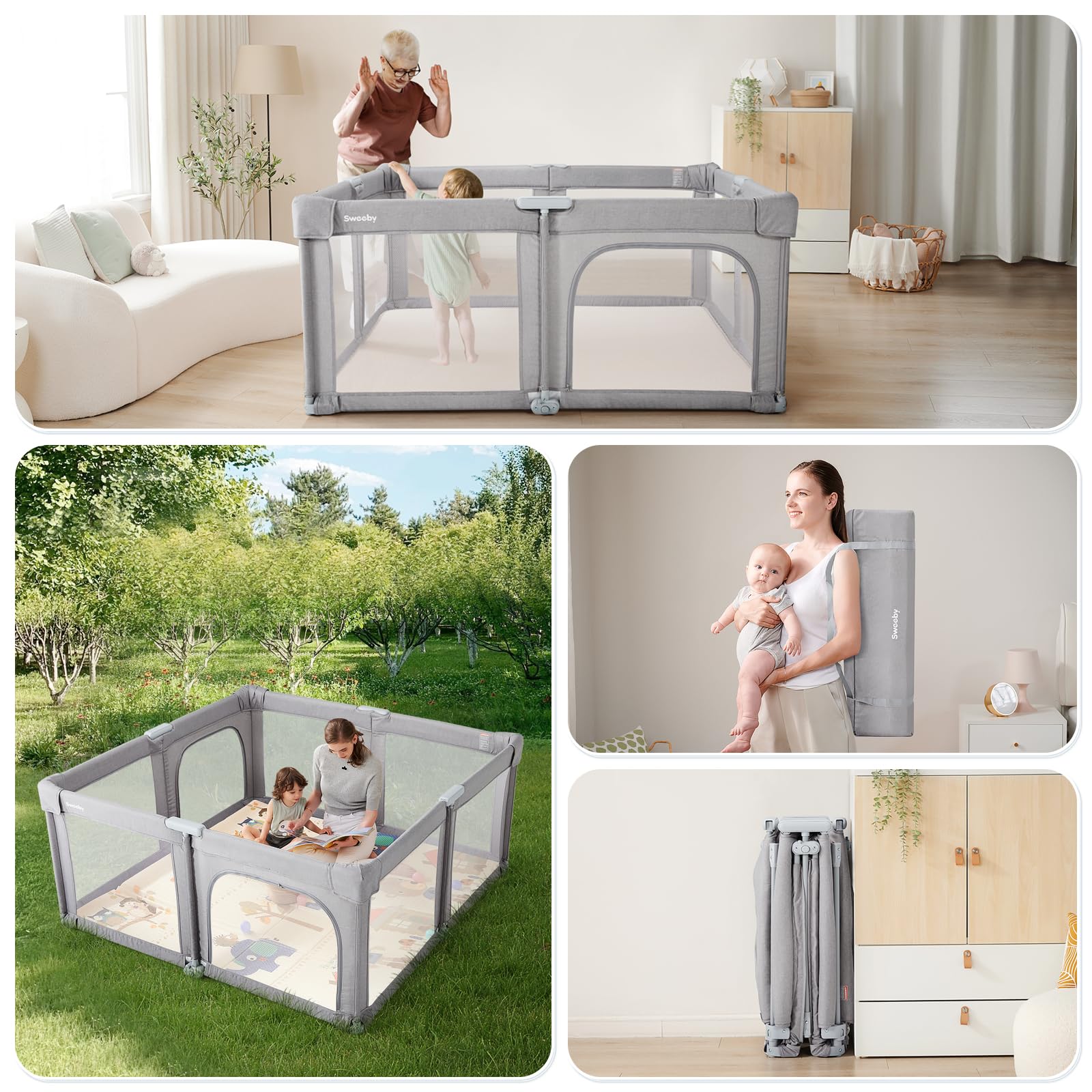 Sweeby Baby Playpen - 59x59 Inch Extra Large Foldable Play Yard with Door for Babies & Toddlers | Indoor & Outdoor Safety Fence | Perfect for Home, Park, and Travel | Gray