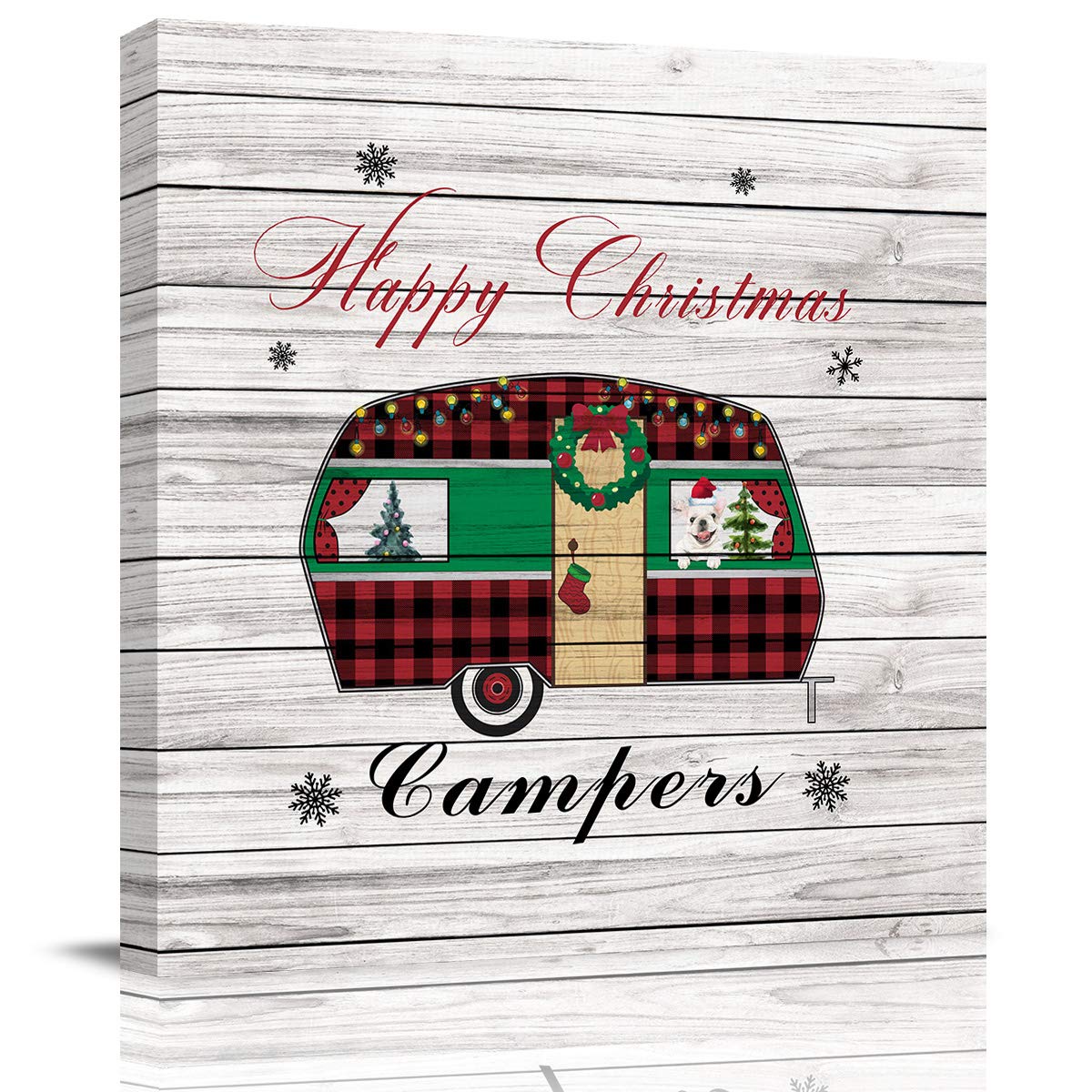 Christmas Canvas Painting - Happy Campers Wall Art Decor for Bedroom & Living Room - 28x28 Inch Wooden Plank Canvas Art - Perfect for Holiday Home Decor & Gift Giving
