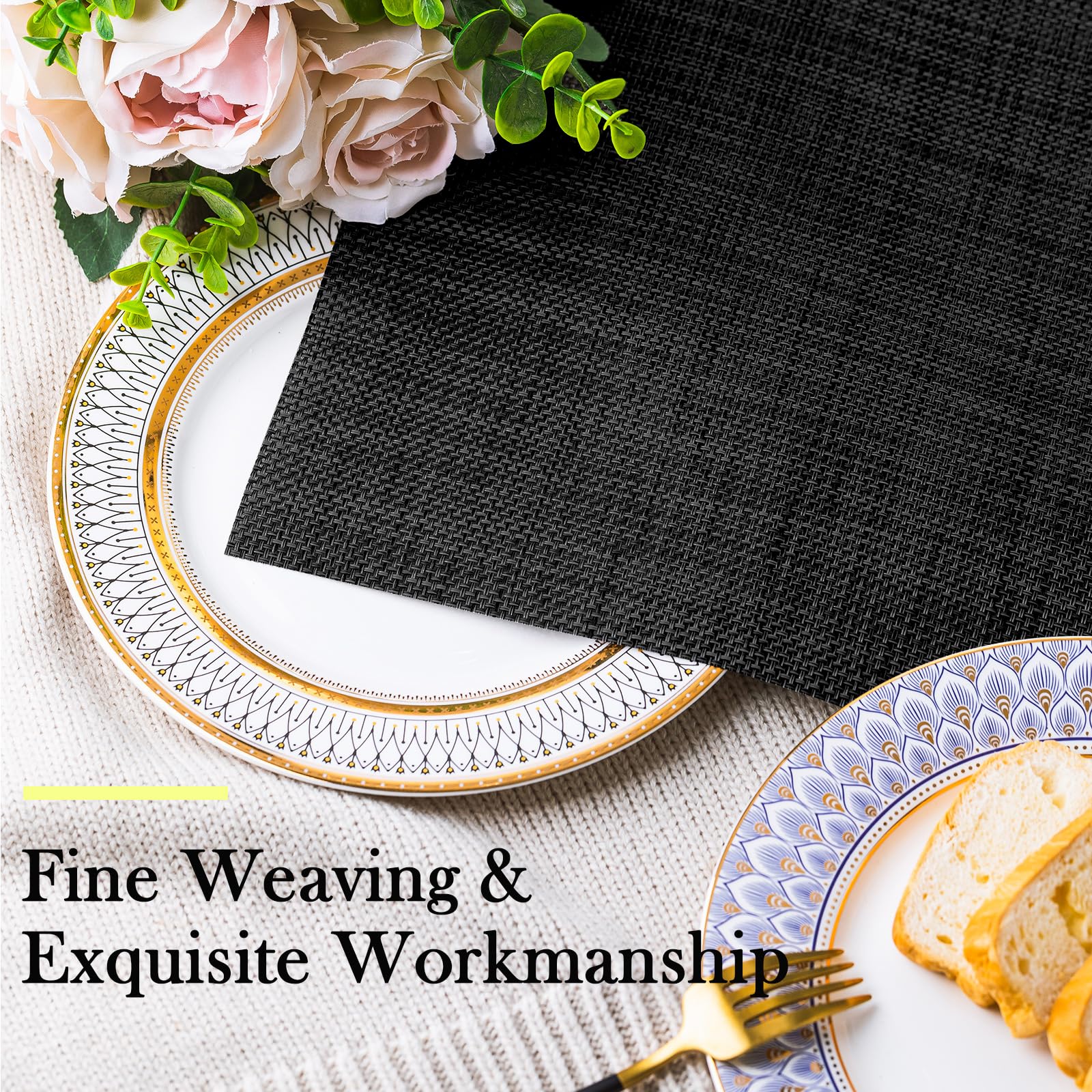 Washable Vinyl Placemats Set of 4 - PVC Woven Table Mats for Indoor & Outdoor Dining (Black) | Perfect for Kitchen, Patio, Picnic & Restaurant Use