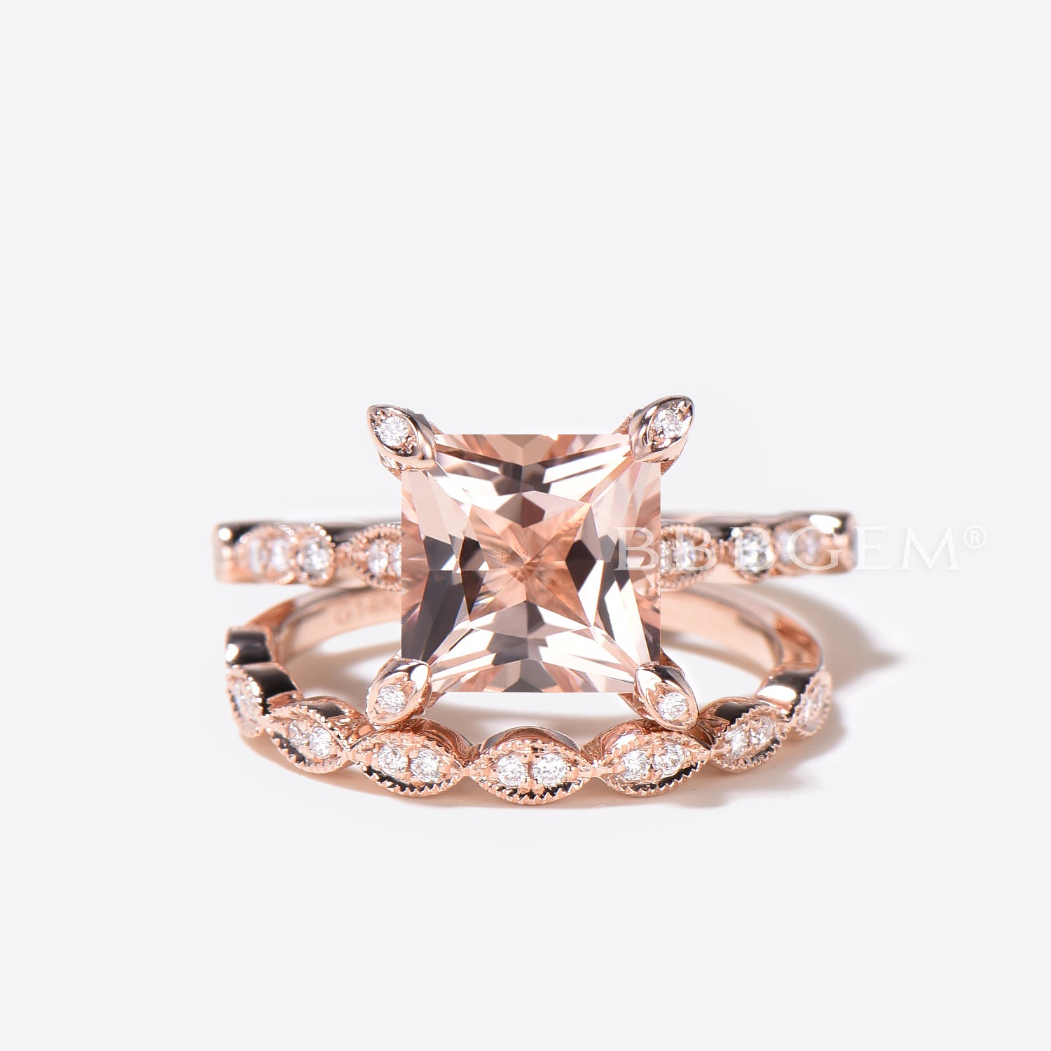 14K Rose Gold Princess Cut Morganite Hidden Diamond Halo Wedding Ring Set - Elegant Bridal Jewelry for Engagement, Proposal & Anniversary Gifts