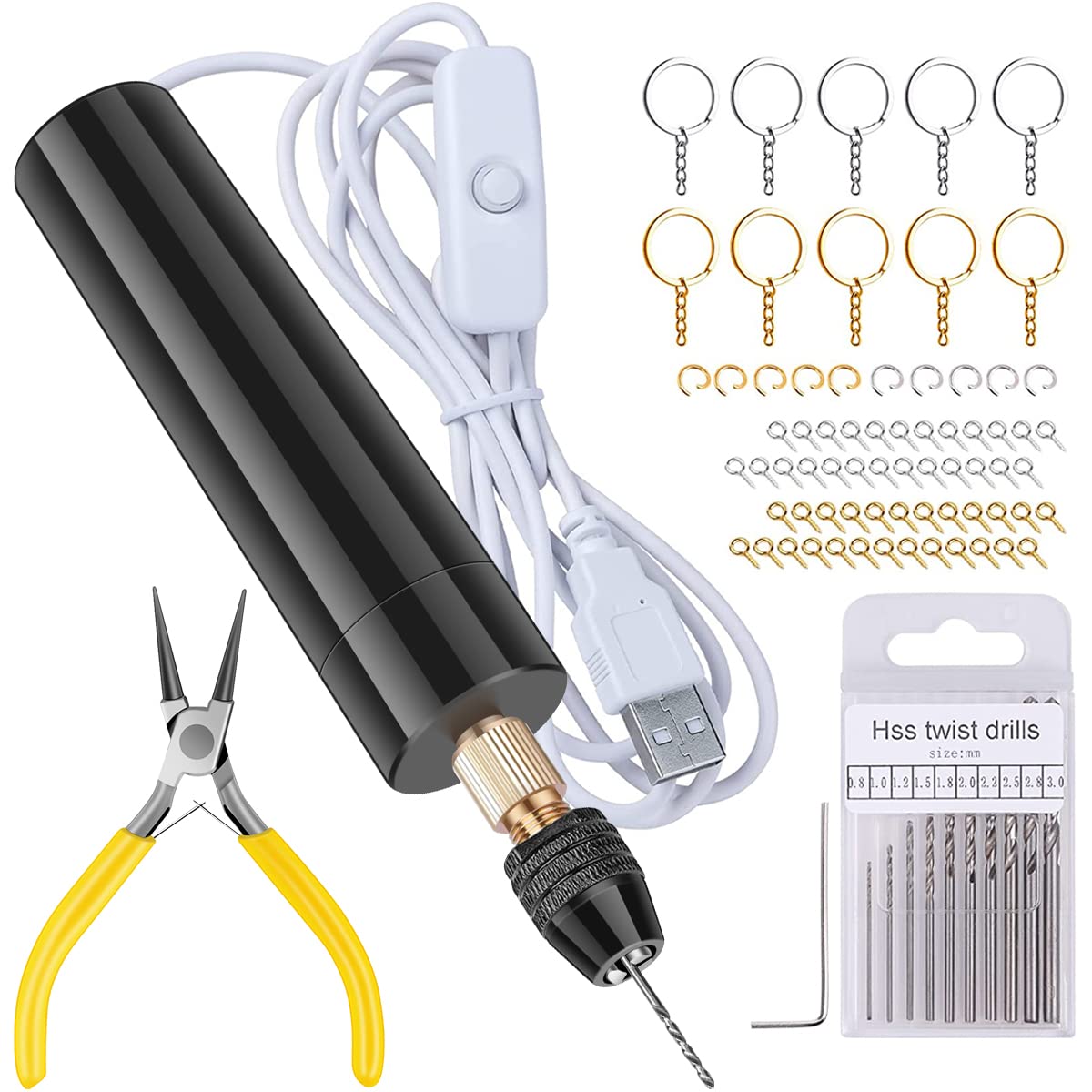 USB Powered Mini Hand Drill Kit - Electric Resin Drill with Keychain Screw Eye Pins, Drill Bits, Wrench & Pliers for DIY Jewelry Making, Resin Crafts & Pendant Creation | Portable Keychain Tool for Crafters & Hobbyists | Perfect for Home DIY Projects, Small Jewelry Repairs & Craft Workshops