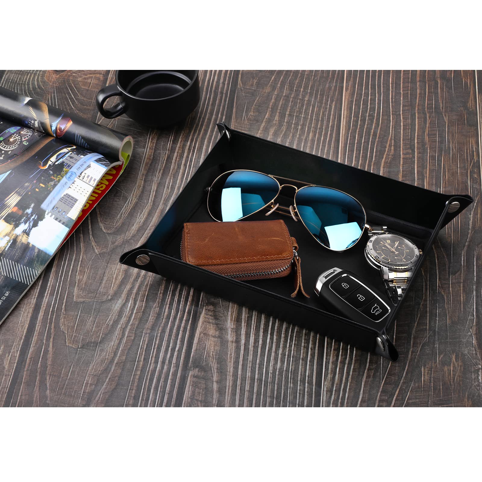 Luxspire PU Leather Valet Tray - Medium Size Black Catchall Organizer for Jewelry, Keys, Coins, Phone & Wallet | Desk Storage Solution for Men & Women | Perfect for Nightstand, Dresser & Entryway Organization