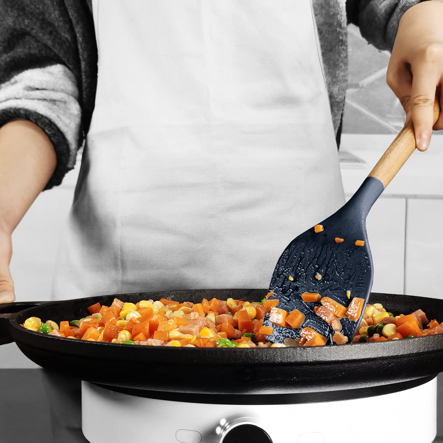 Heat-Resistant Silicone Cooking Utensils Set with Wooden Handles - BPA Free Kitchen Tools for Non-Stick Cookware (446°F Safe, Navy Blue) - Perfect for Baking, Frying & Everyday Cooking