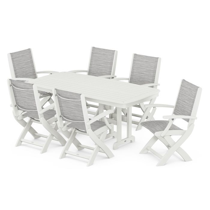 POLYWOOD Coastal Folding Arm Chair 7-Piece Outdoor Dining Set - Perfect for Patio, Deck, Poolside & Beachfront Entertaining