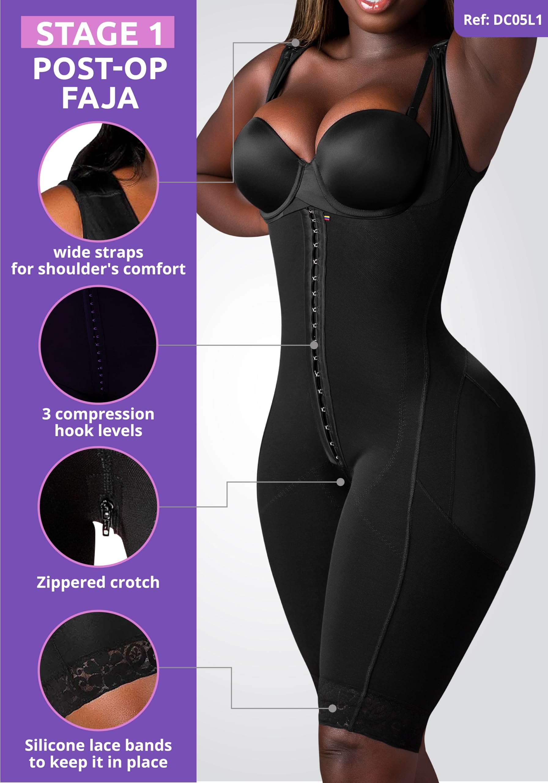 Post-Surgery Stage 1 Faja - Colombian Shaping Compression Garment for BBL & Tummy Tuck (No Bra) - Waist Trainer & Body Shaper for Recovery & Everyday Wear