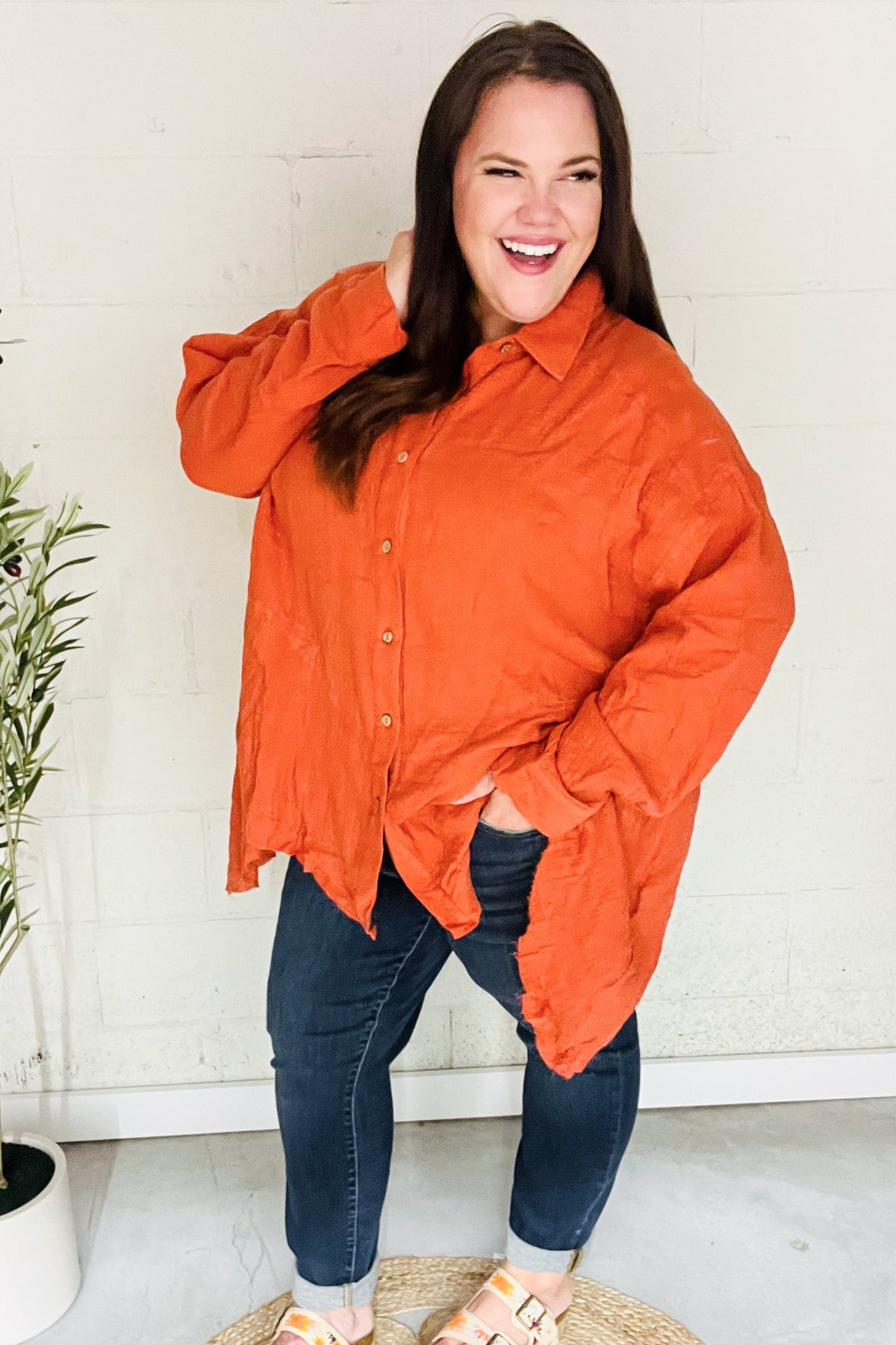 Stylish Rust Button Down Sharkbite Cotton Tunic Top for Women | Comfortable Everyday Wear | Perfect for Office, Casual Outings & Date Nights