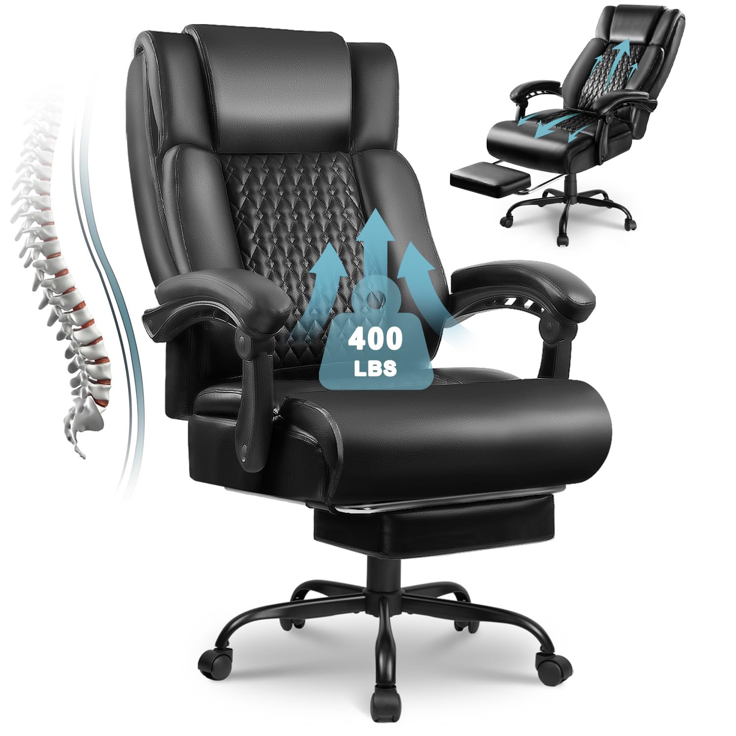 Big and Tall Office Chair with Footrest 400lbs - Heavy Duty Executive Leather Chair for Heavy People - Ergonomic High Back Desk Chair with Lumbar Support - Comfortable for Long Hours - Perfect for Home Office, Gaming, and Workspaces (Black)