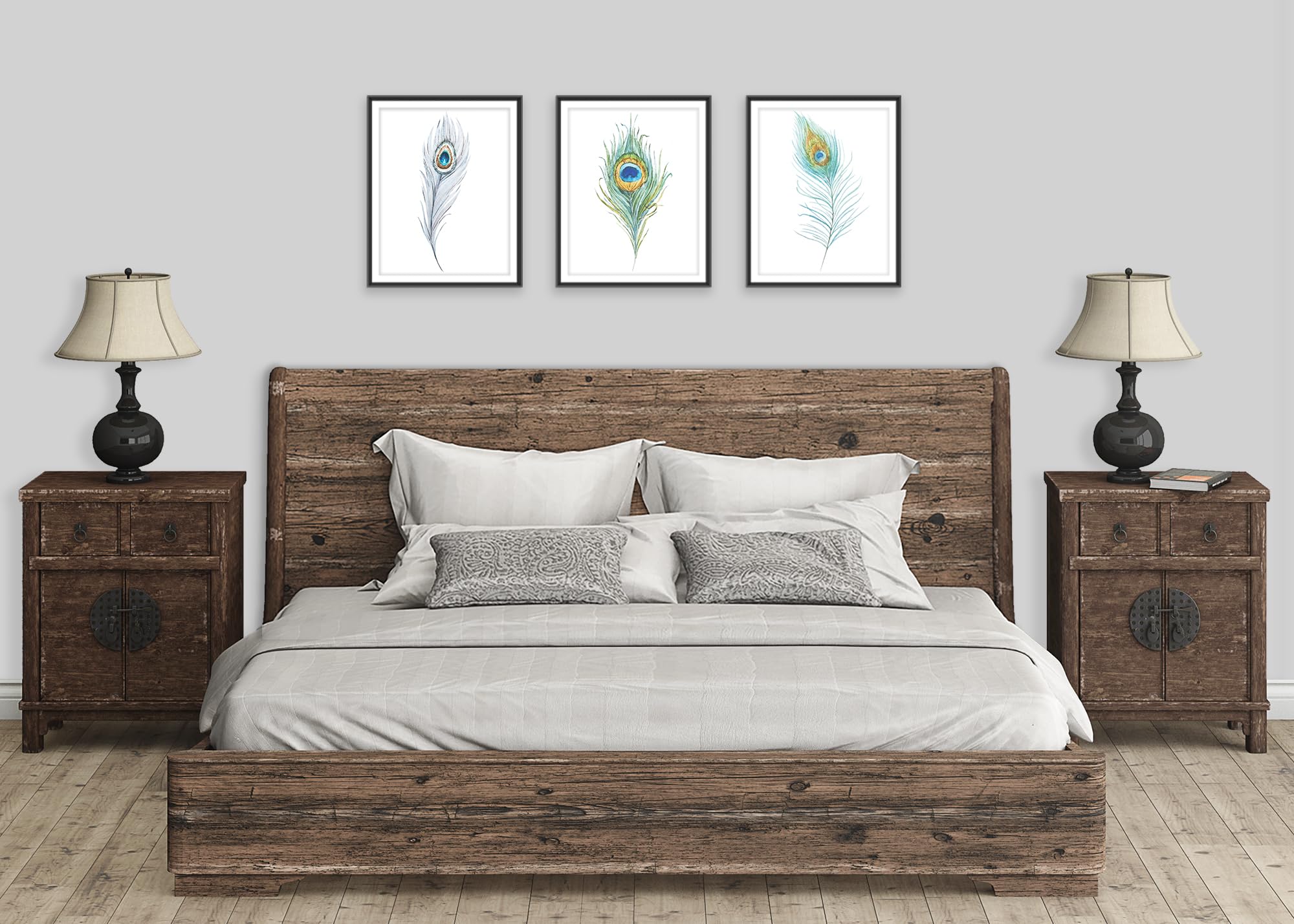 Peacock Feathers Wall Art Prints Set of 3 - 8x10 Inches Unframed Canvas Paintings - Elegant Home Decor for Living Room, Bedroom, Office & Kitchen - Boho Chic Wall Decor for Housewarming Gifts