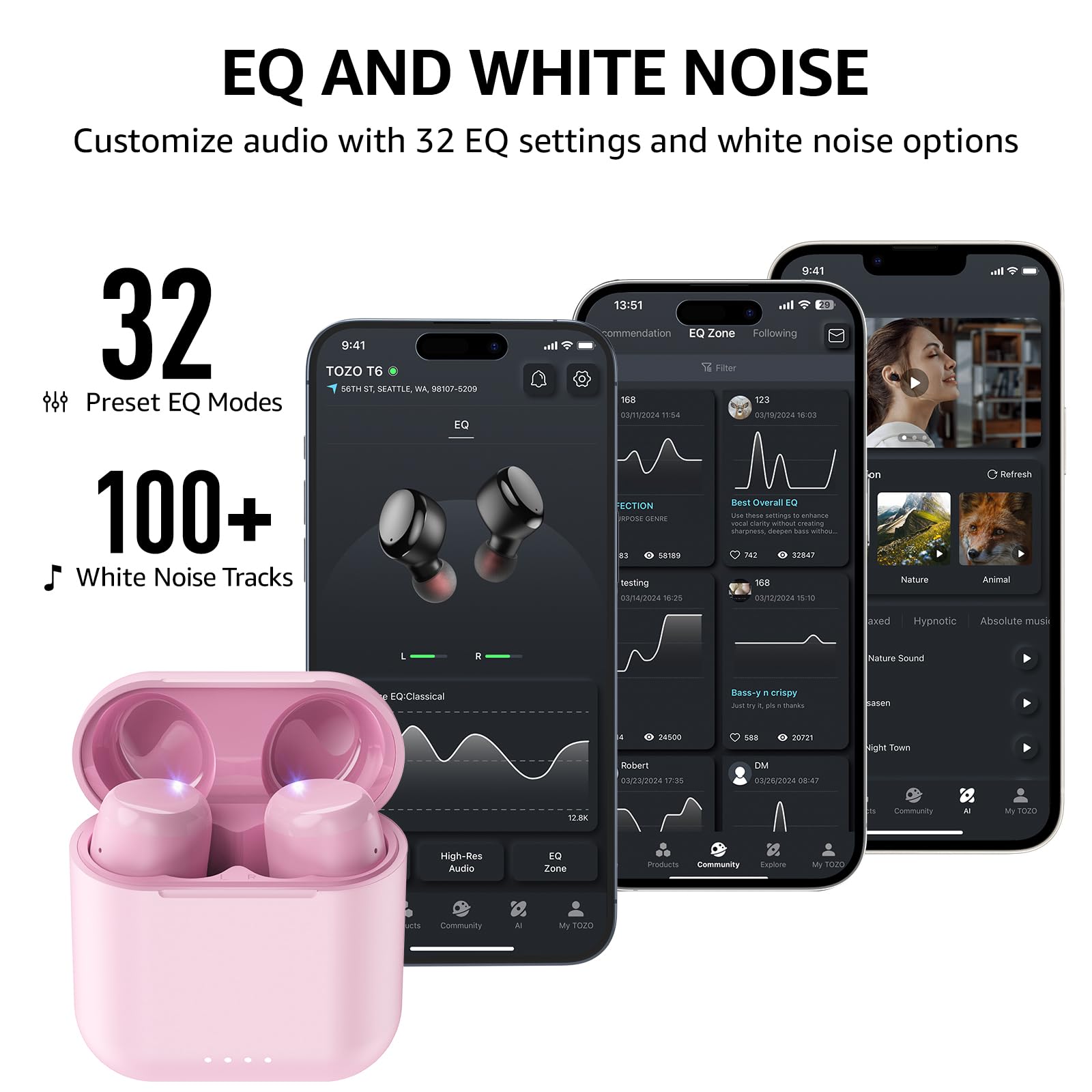 TOZO T6 Wireless Earbuds Bluetooth 5.3 Headphones - 50Hrs Playtime, IPX8 Waterproof, Wireless Charging Case, APP EQ Customizable - Perfect for Gym, Running, Travel & Work (New Upgraded Version)