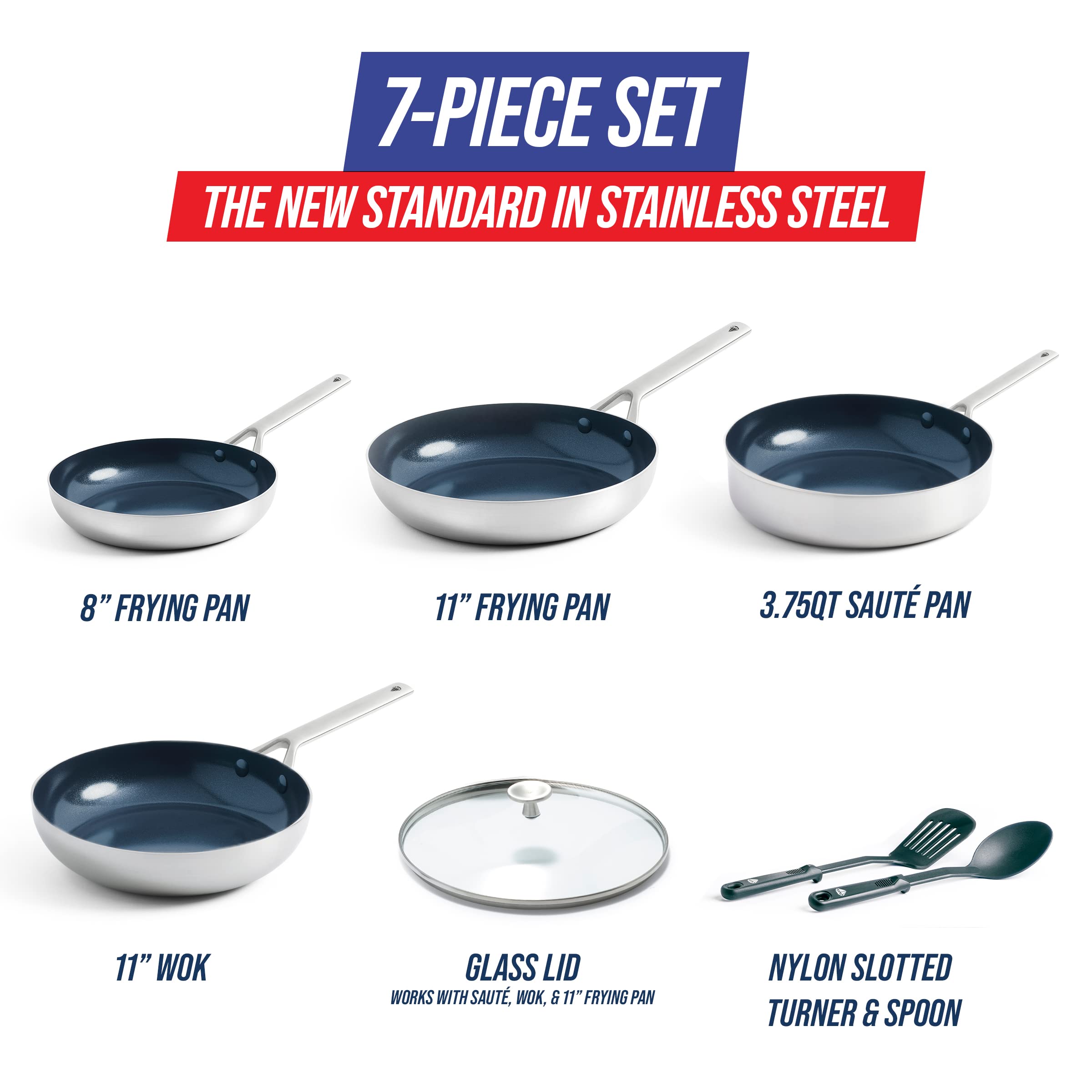 Blue Diamond Tri-Ply Stainless Steel Ceramic Nonstick Cookware Set - 7 Piece Pots & Pans | PFAS-Free, Induction Compatible, Dishwasher & Oven Safe | Perfect for Home Cooking, Professional Kitchens & Gift Giving