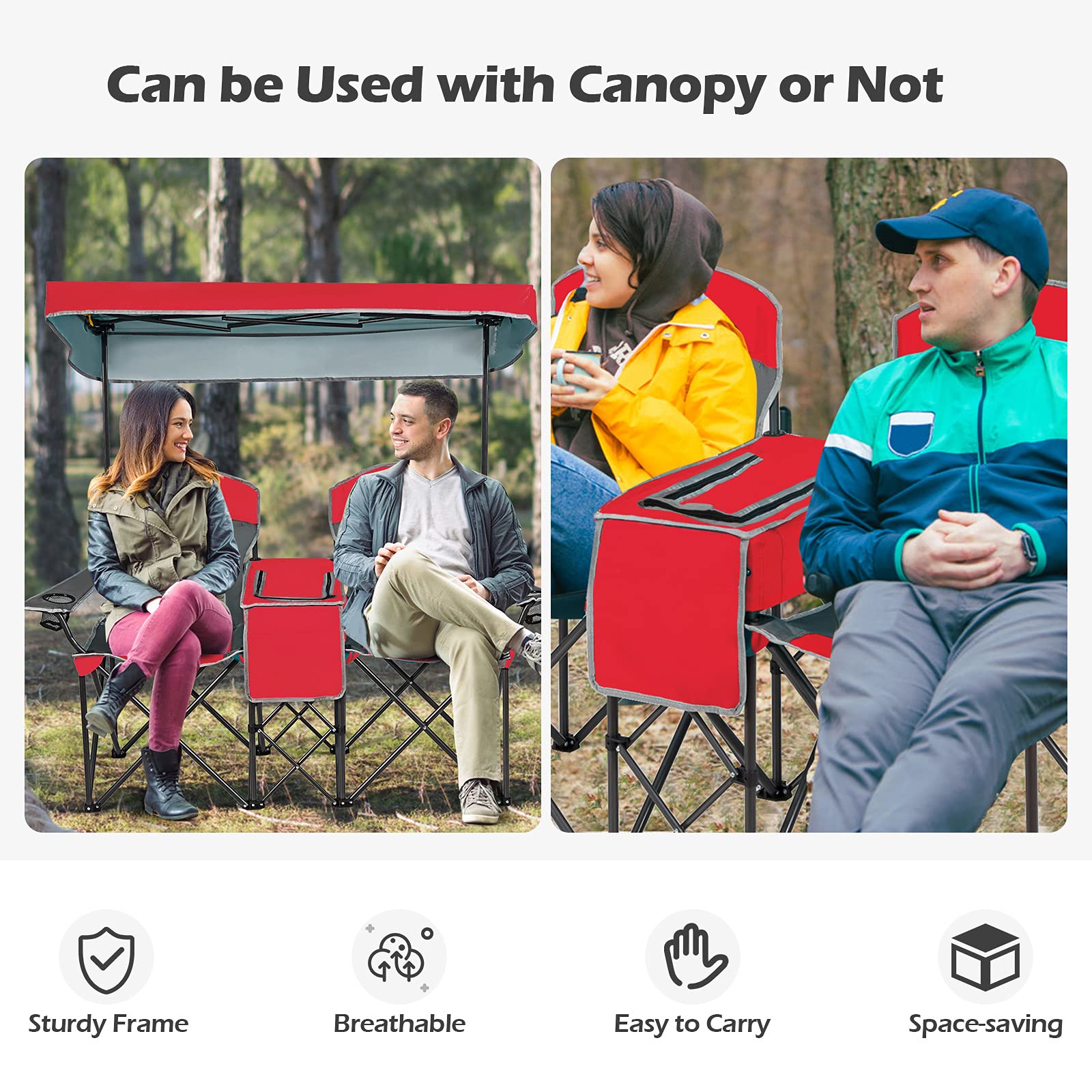 Goplus Double Beach Chair with Canopy Shade - Portable Folding Lawn & Camping Chairs with Sunshade, Mini Table, Beverage Holder & Carrying Bag - Perfect for Outdoor Travel, Hiking, Fishing, Poolside & Backyard Relaxation (Red)