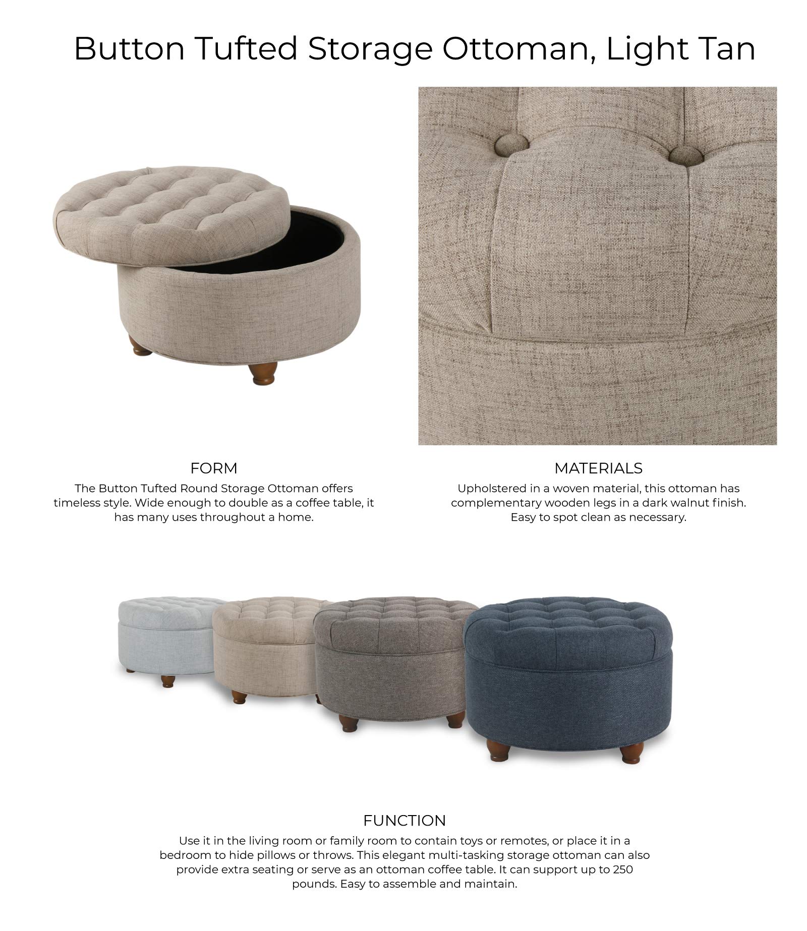 Homepop Large Round Button Tufted Woven Storage Ottoman - Stylish Home Decor for Living Room, Bedroom & Office Organization