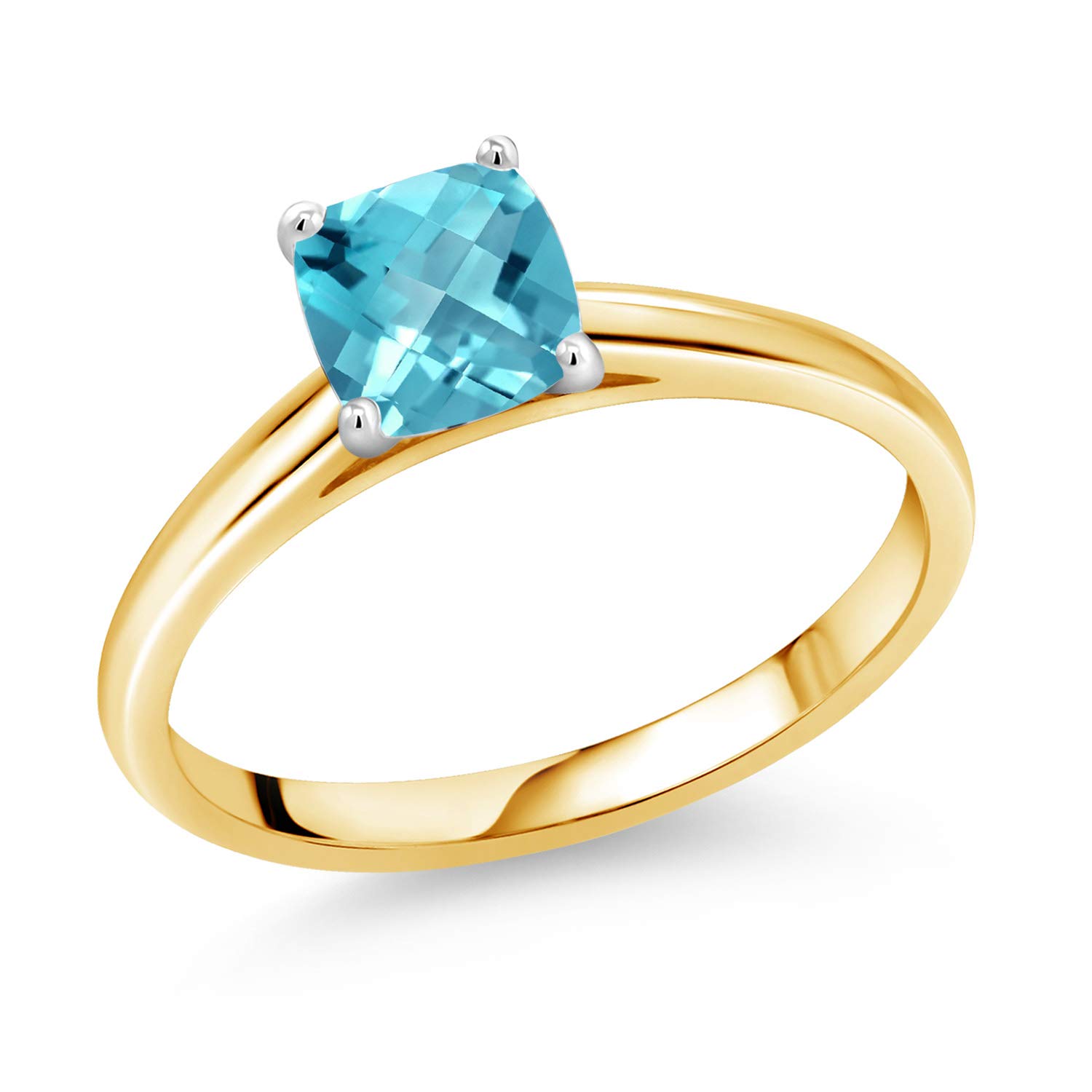 1.12 Ct Swiss Blue Topaz Cushion Checkerboard Ring in 10K Yellow Gold with White Gold Prongs | Gem Stone King | Elegant Jewelry for Weddings, Anniversaries & Special Occasions