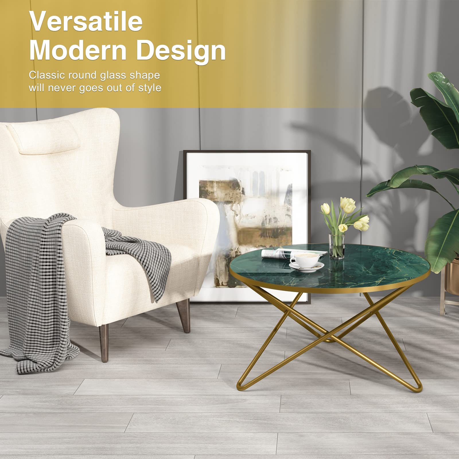 Round Coffee Table with Green Faux Marble Top - Modern Living Room Centerpiece for Small Spaces & Apartments
