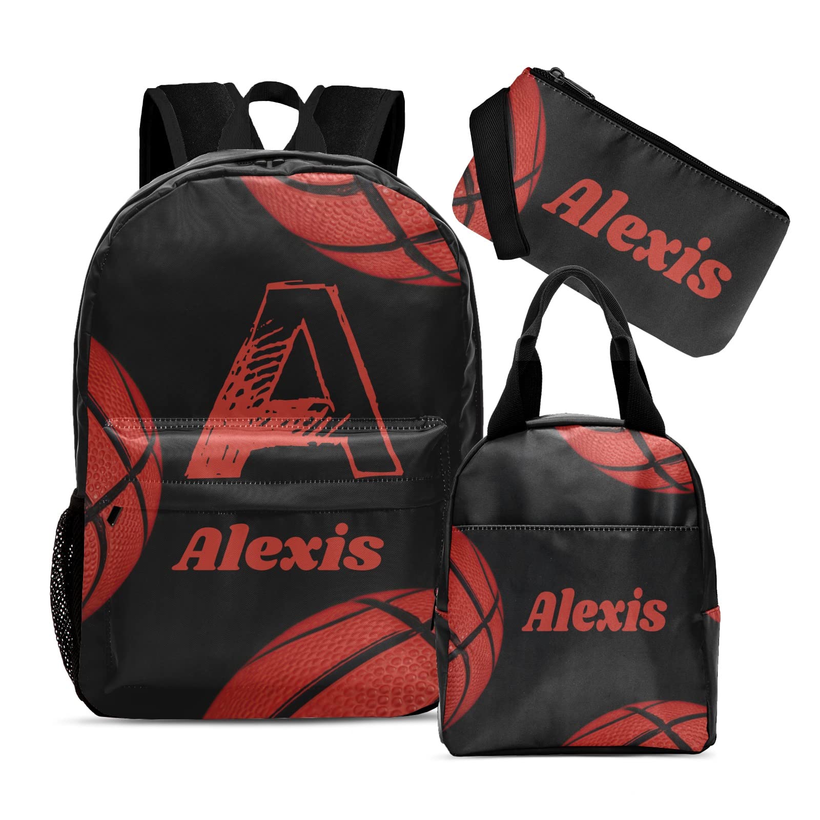 Personalized Basketball Themed Backpack Set - Custom Name Large Lunch Bag, Pencil Case & Laptop Backpack for School, Sports & Travel | Perfect Gift for Basketball Lovers & Student Athletes