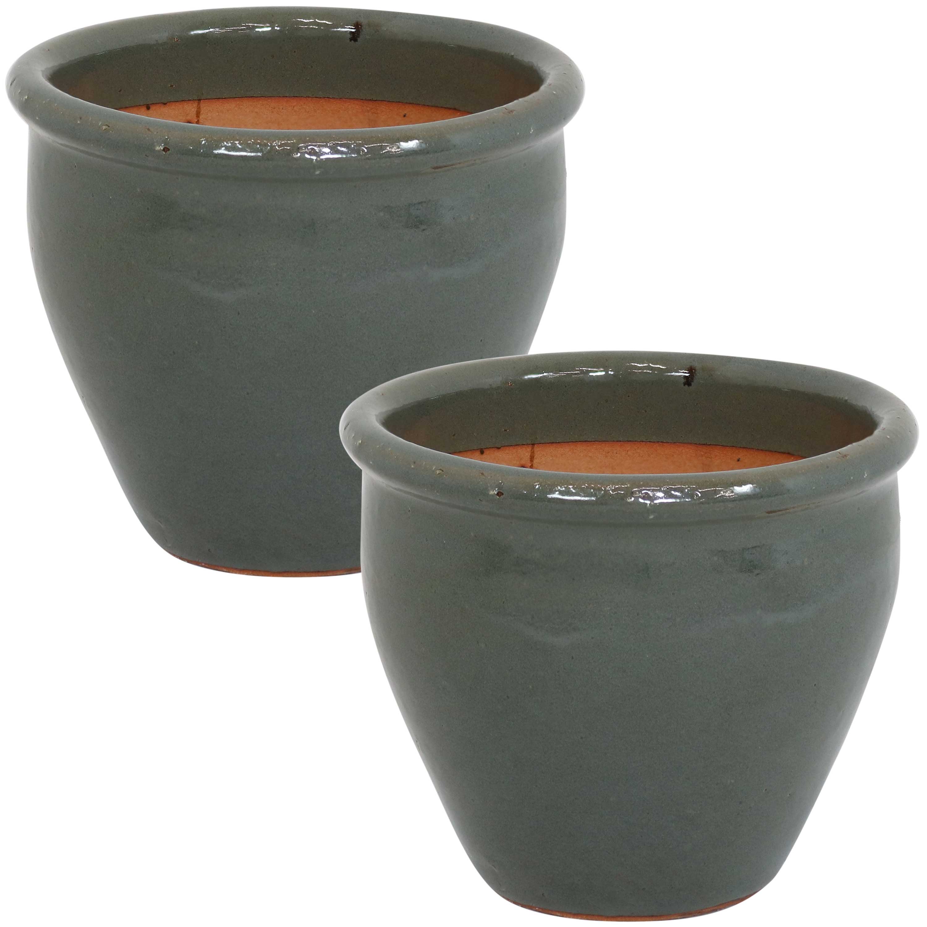 Sunnydaze Chalet Glazed Ceramic Plant Pots with Drainage Holes - Set of 2, Indoor Outdoor Garden Decor for Flowers, Succulents, Herbs - Perfect for Patio, Balcony, and Home Décor