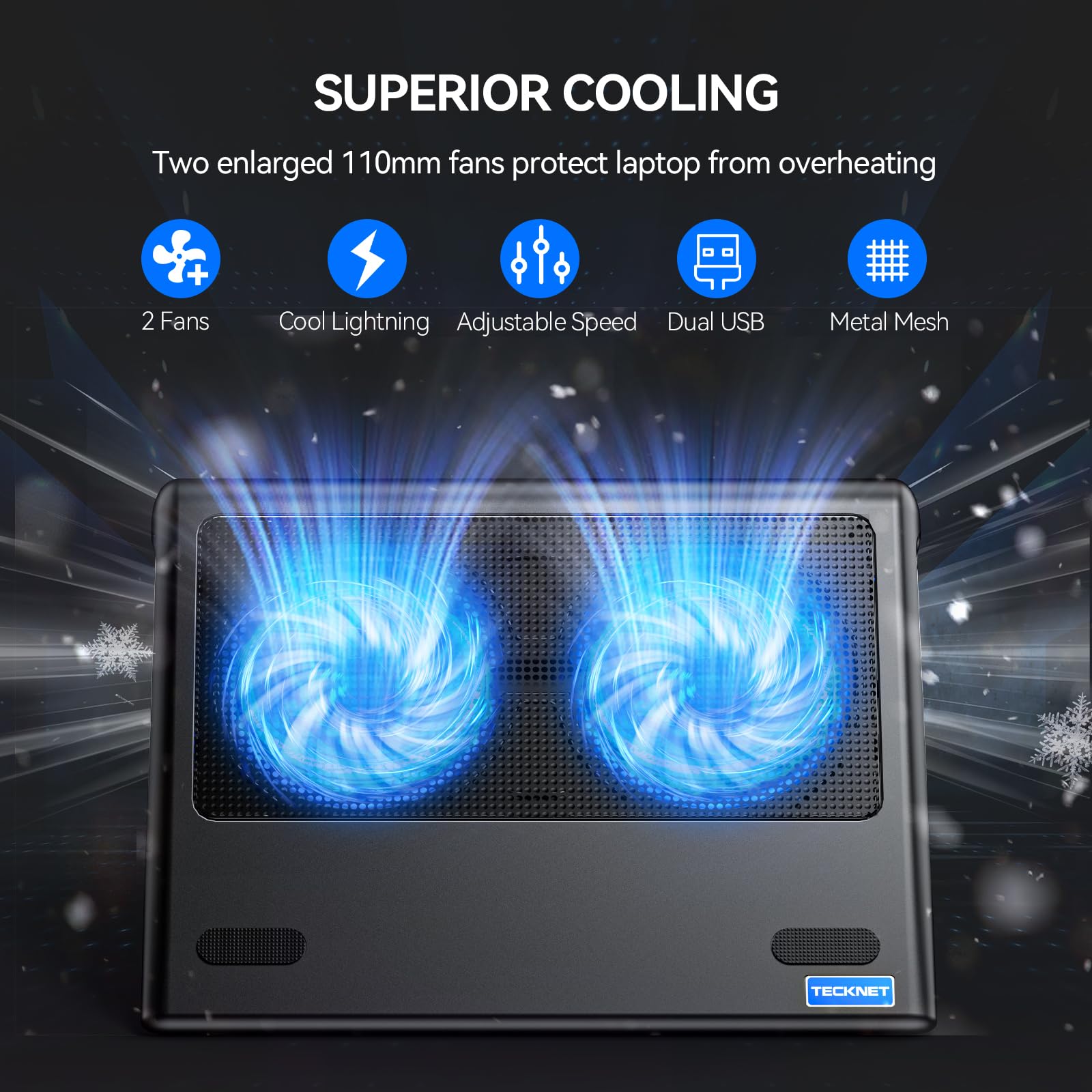 TECKNET Laptop Cooling Pad for 12-16 Inch Laptops - Ultra Quiet Dual Fan Cooling Stand with Adjustable Speed & Ergonomic Design | Perfect for Gaming, Office Work & Long Computing Sessions
