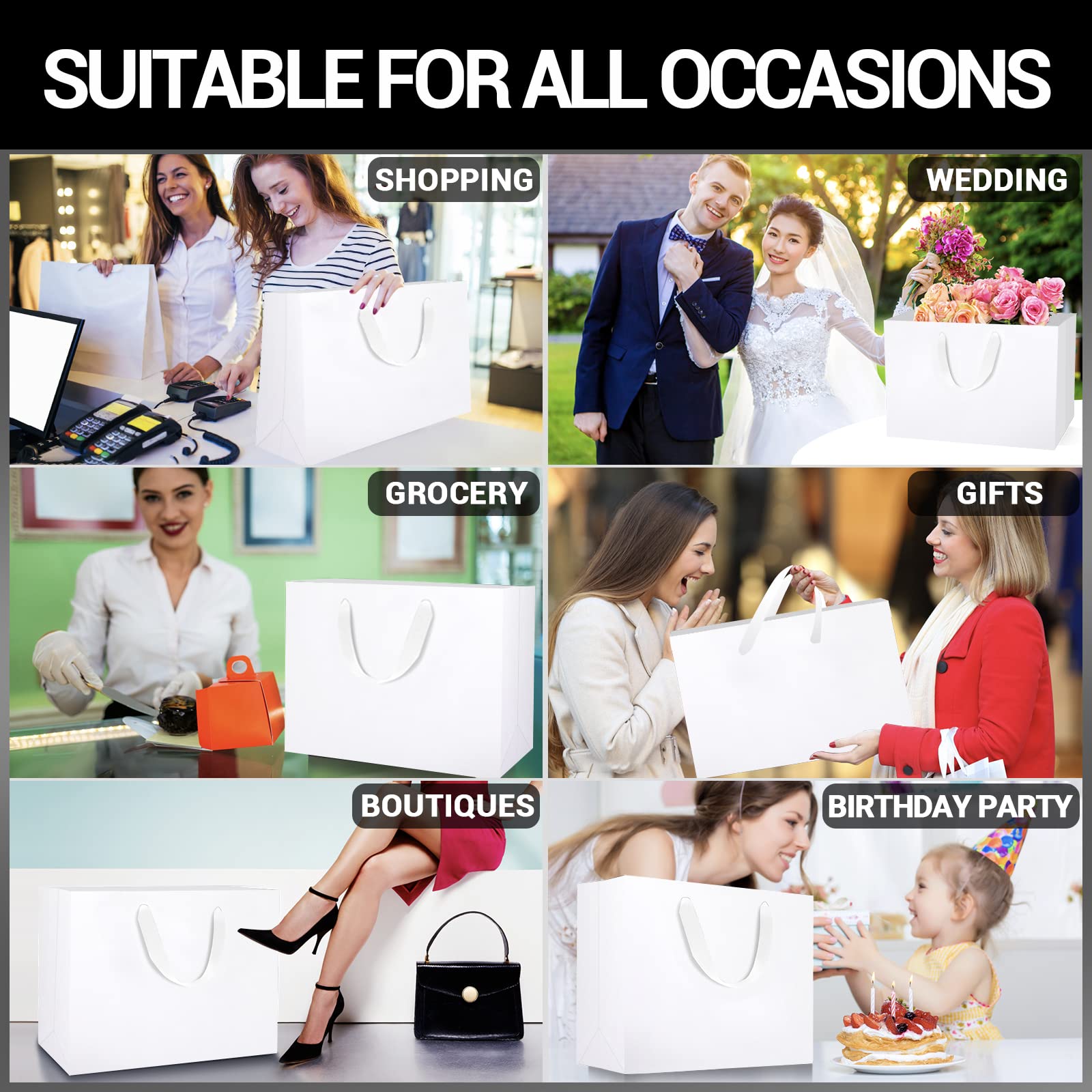 EUSOAR 12-Pack Extra Large White Kraft Paper Gift Bags with Handles - 16x6x12 Inches Heavy Duty Shopping Bags for Retail, Boutique, Party Favors & Merchandise - Perfect for Wedding, Birthday Gifts & Store Packaging