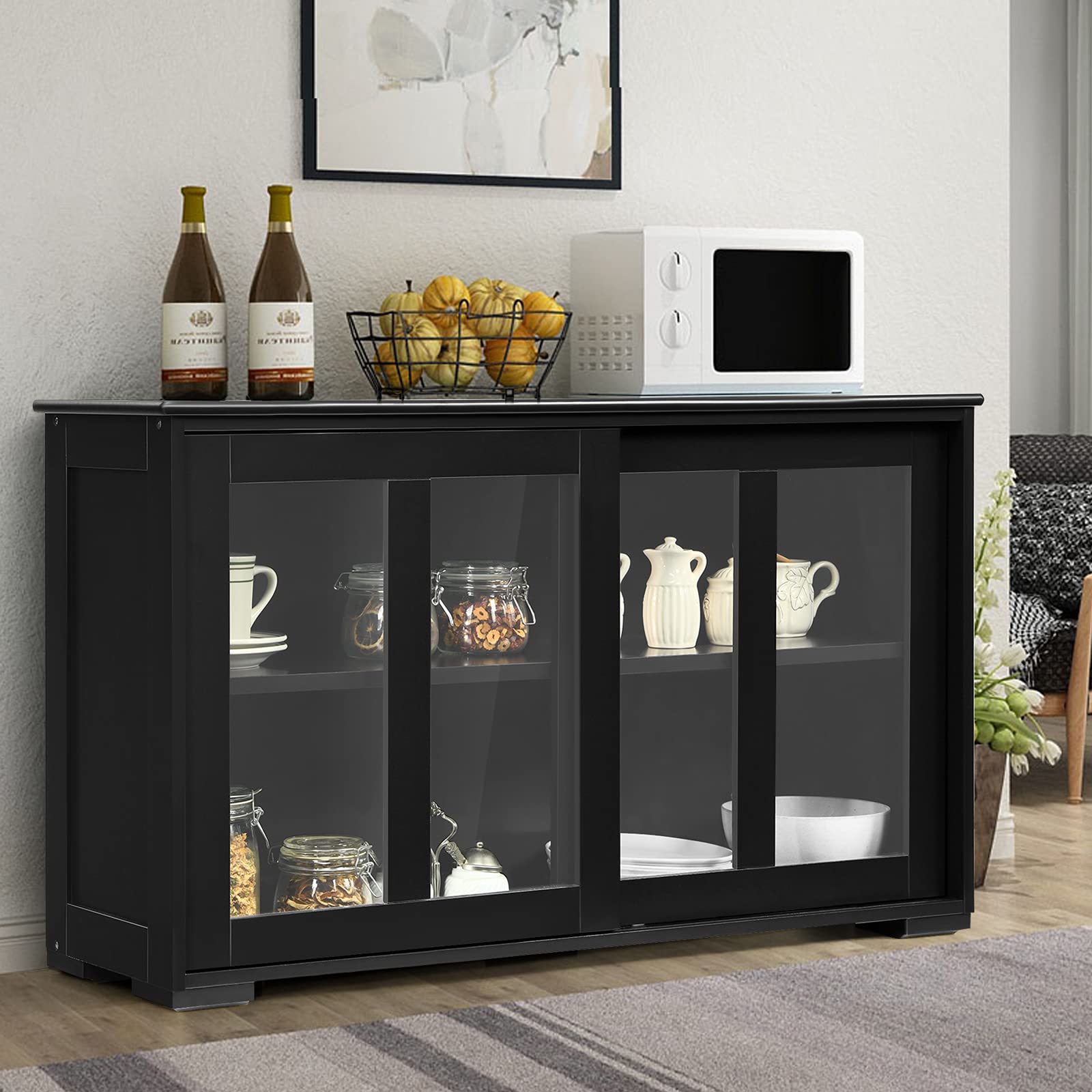 Costzon Wooden Sideboard Buffet Cabinet with Adjustable Shelf & Sliding Glass Doors - Kitchen Storage Cabinet, Coffee Bar Console Table for Living Room, Dining Room & Hallway - Perfect for Home Organization & Entertaining (Black)