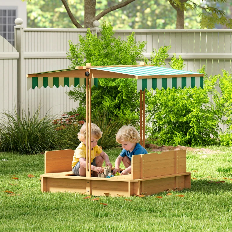 Outsunny Wooden Kids Sandbox with Cover - Foldable Bench Seats & Adjustable Canopy - Outdoor Sand Play Station for Backyard, Park, or Daycare - Red