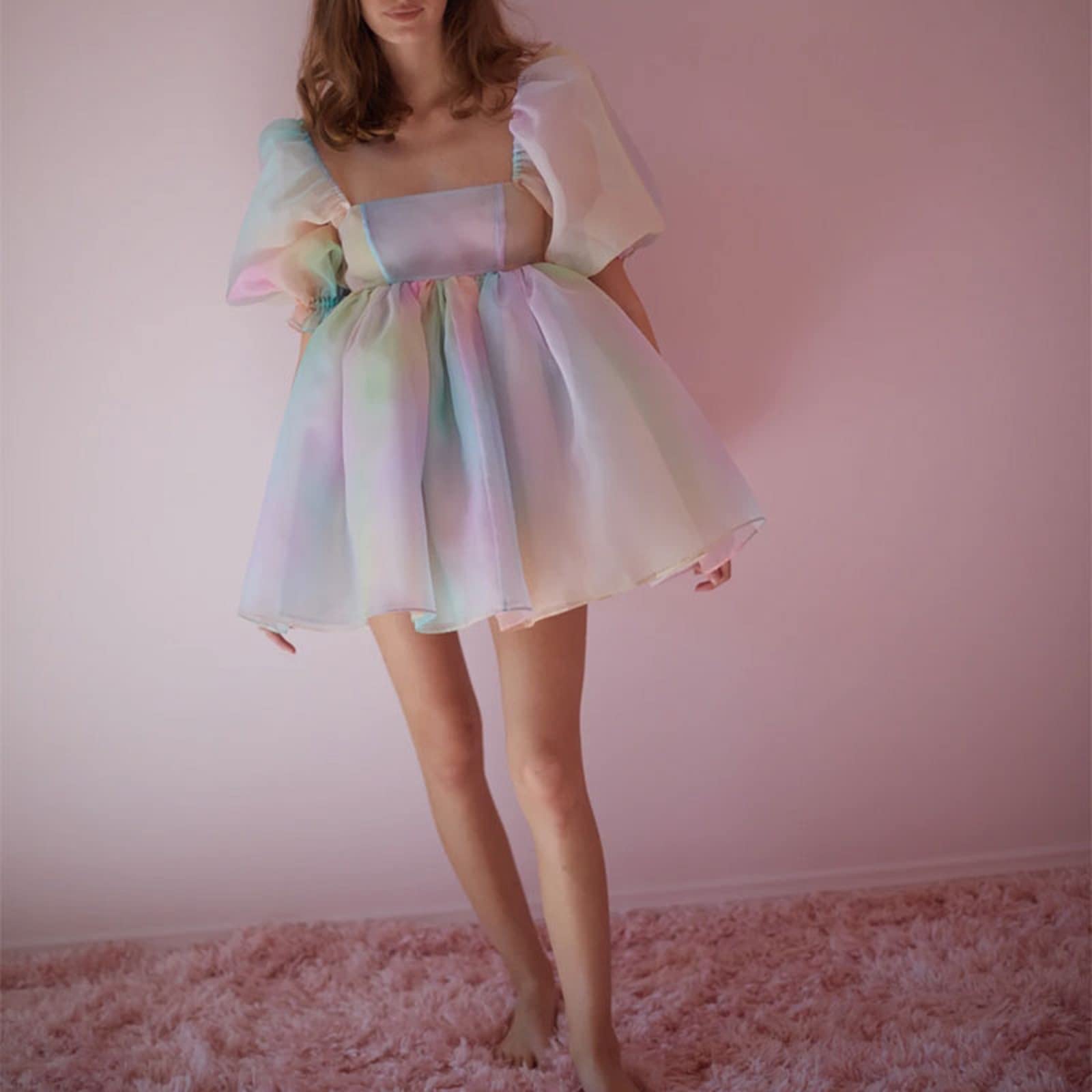Elegant Women's Puff Sleeve Tulle Princess Dress - Square Neck Bubble Sleeve Mini Dress with Mesh Ruffle Details for Party, Prom, Wedding & Special Occasions