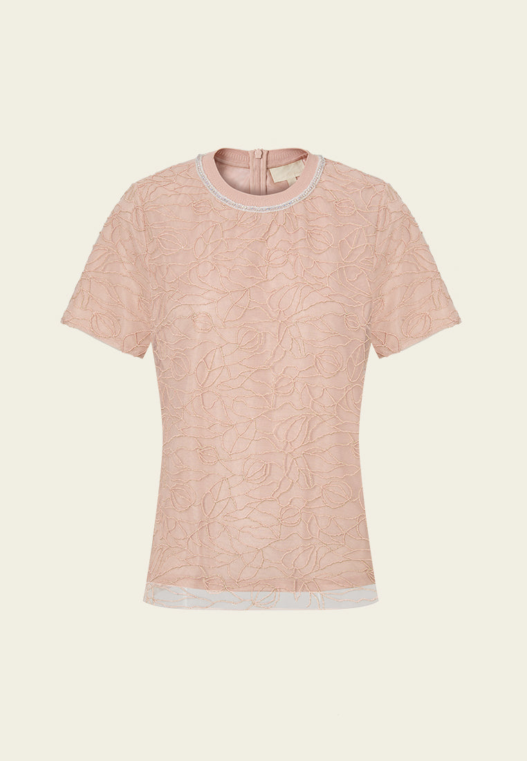 Floral Embroidery Ribbed Crew Neck Mesh T-Shirt for Women - Stylish Casual Top for Summer Outfits and Everyday Wear