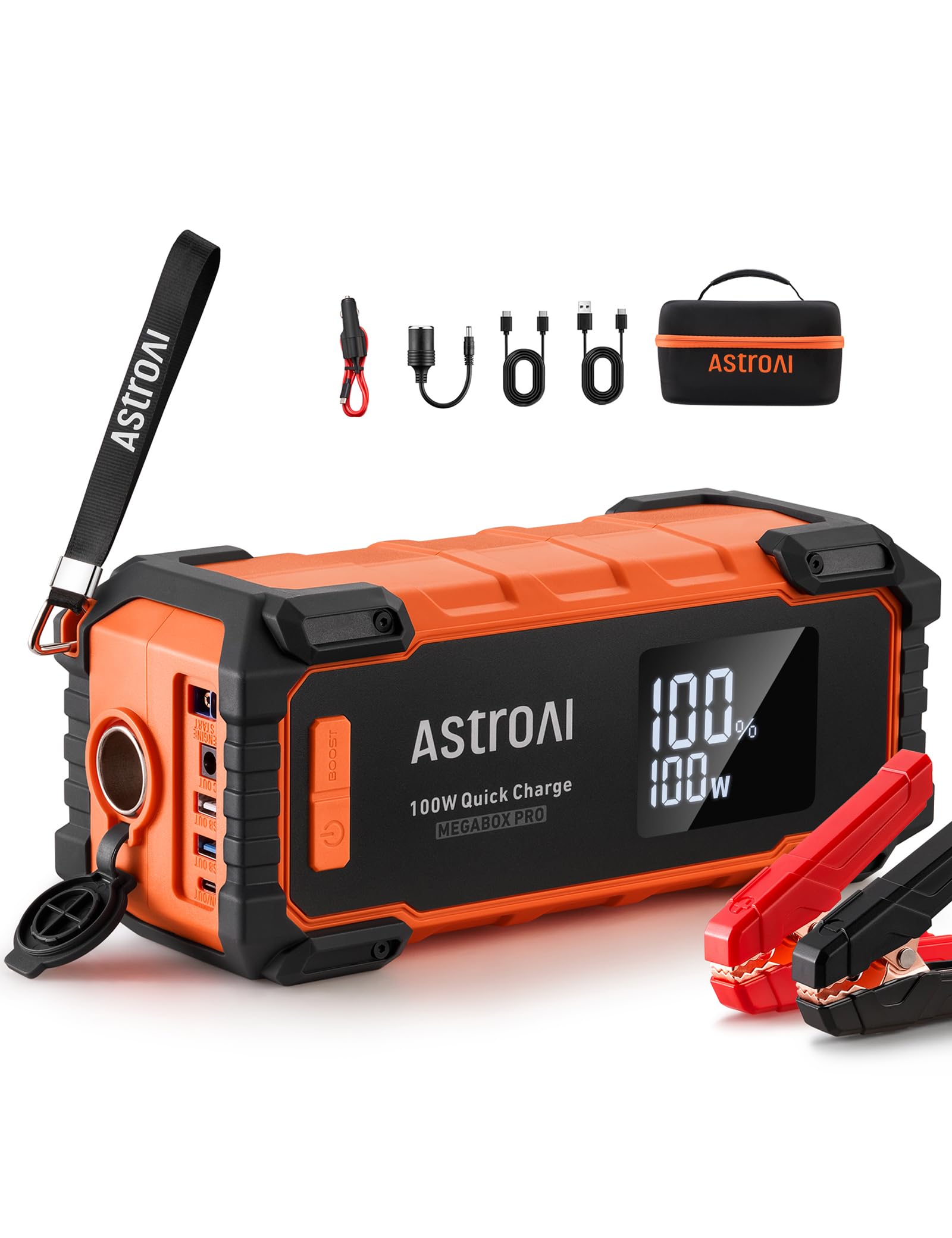 AstroAI 6000A Peak 27000mAh Portable Car Battery Jump Starter with Jumper Cables - 12V Lithium Battery Booster for Gas & 12.0L Diesel Vehicles, 100W Fast Charging - Emergency Roadside Assistance & Winter Car Starter