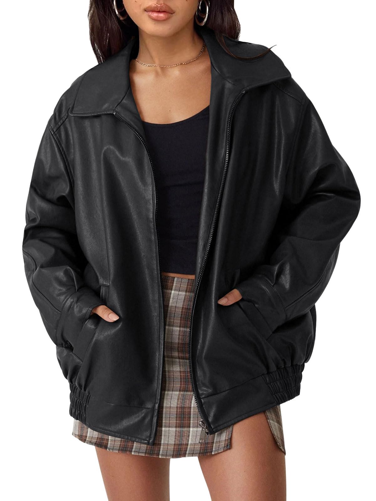 Trendy Queen Women's Faux Leather Motorcycle Jacket - Oversized Plus Size Biker Coat for Fall Fashion 2024 | Stylish Outerwear for Casual Wear, Night Out & Street Style