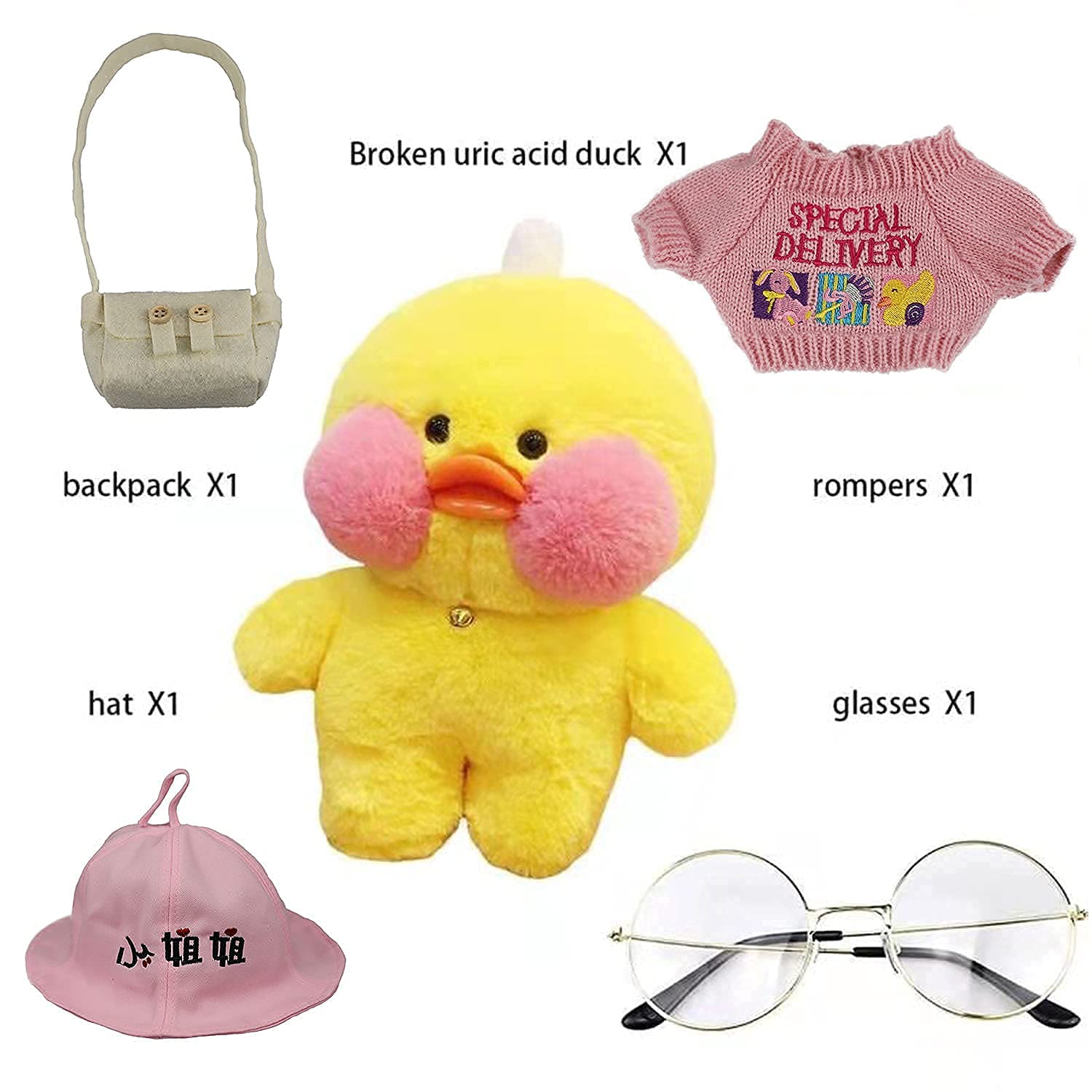 Soft Plush Yellow Duck Stuffed Animal Toy with Cute Hat & Costume - 12inch/30cm Huggable DIY Duckling with Glasses - Perfect Gift for Kids & Girls (Christmas, Birthday, Nursery Decor, Baby Shower)