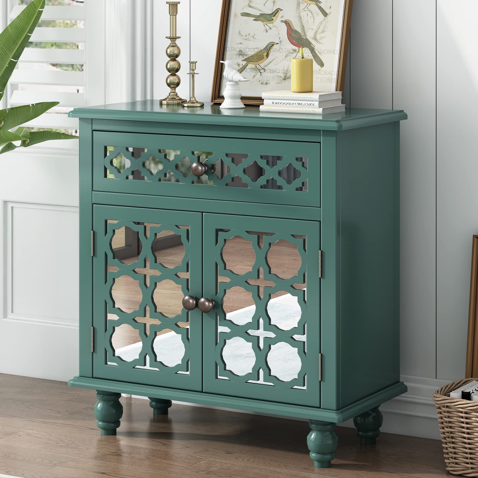 Modern Buffet Cabinet with Storage - Decorative Mirror Doors & Large Drawers, Entryway Accent Cabinet with Gourd Legs - Stylish Sideboard Console Table for Hallway, Kitchen, Living Room (Green) | Perfect for Home Decor, Dining Room Storage & Entryway Organization