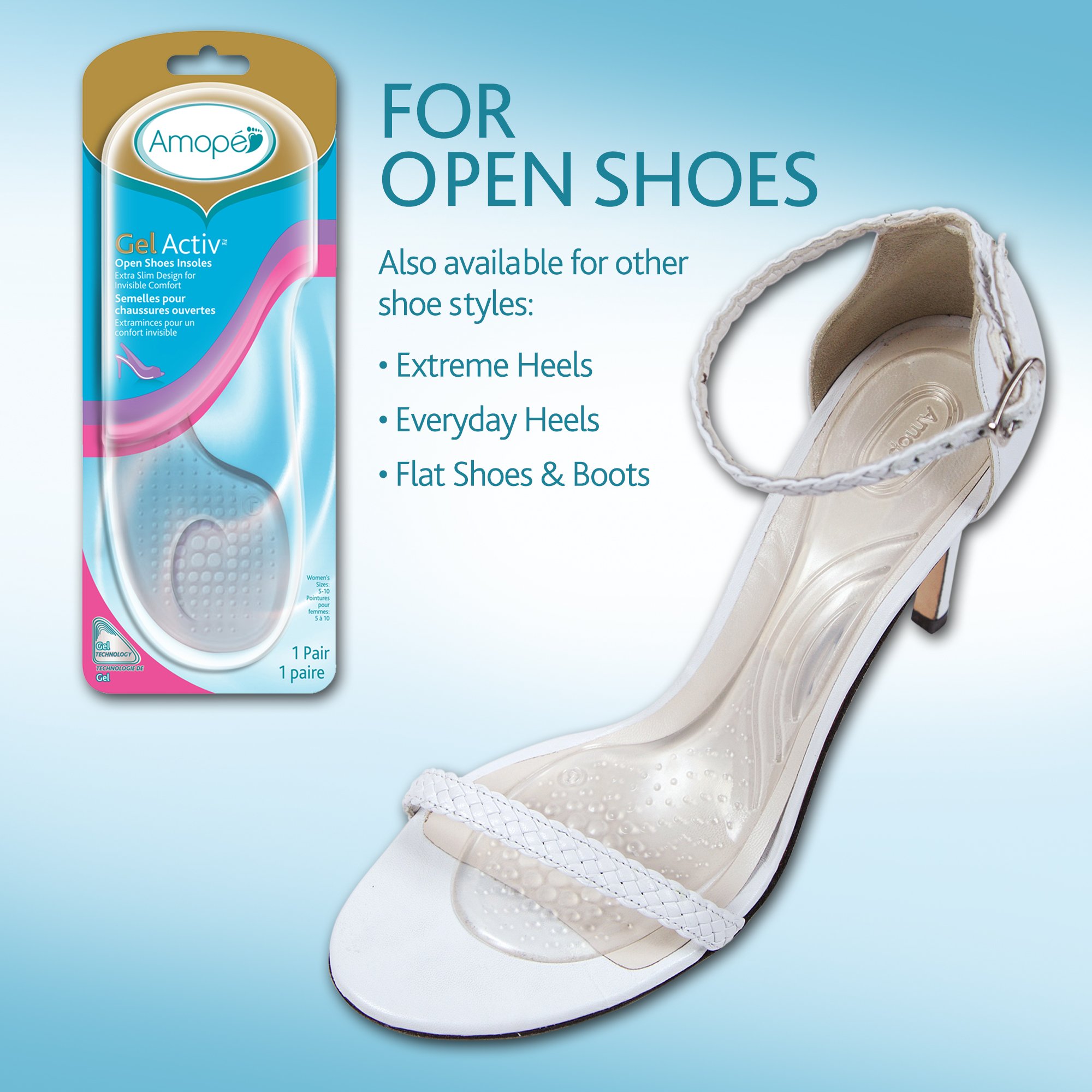Amope GelActiv Open Shoes Insoles for Women - Cushioned Arch Support & Pain Relief - 1 Pair (Size 5-10) - Perfect for Sandals, Flip Flops & Summer Footwear Comfort