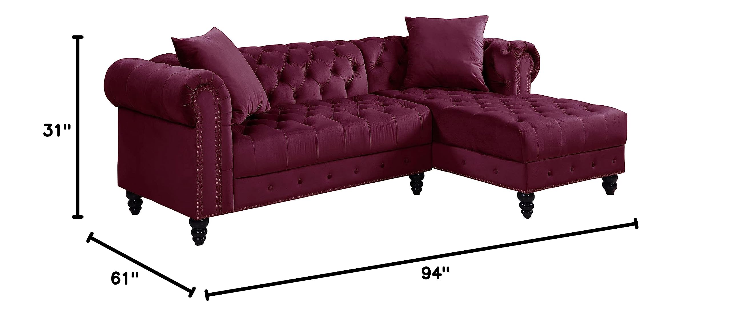 Velvet Tufted Sectional Sofa with Pillows - Red for Living Room