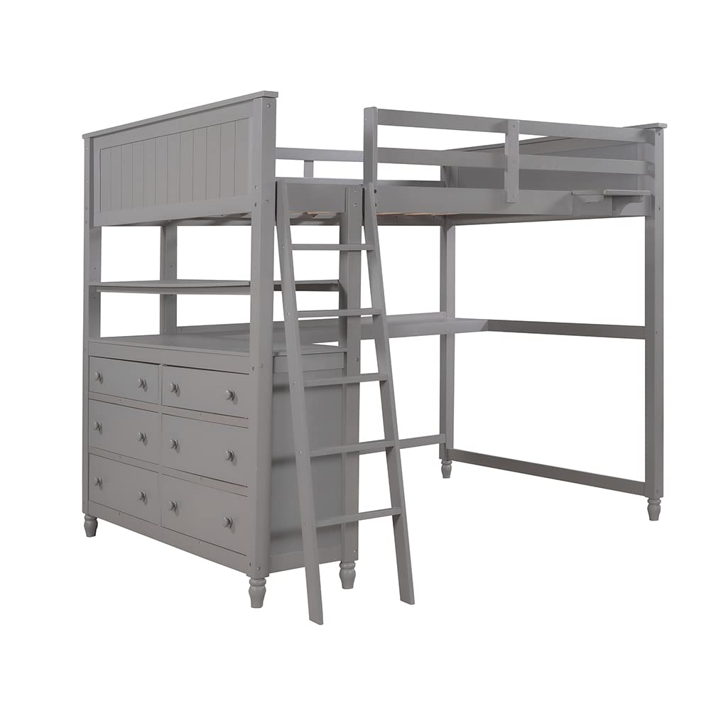 Full Size Wood Loft Bed with Built-in Desk, Storage Drawers, Safety Rail & Ladder - Space-Saving Study & Sleep Solution for Small Bedrooms, Dorms & Apartments