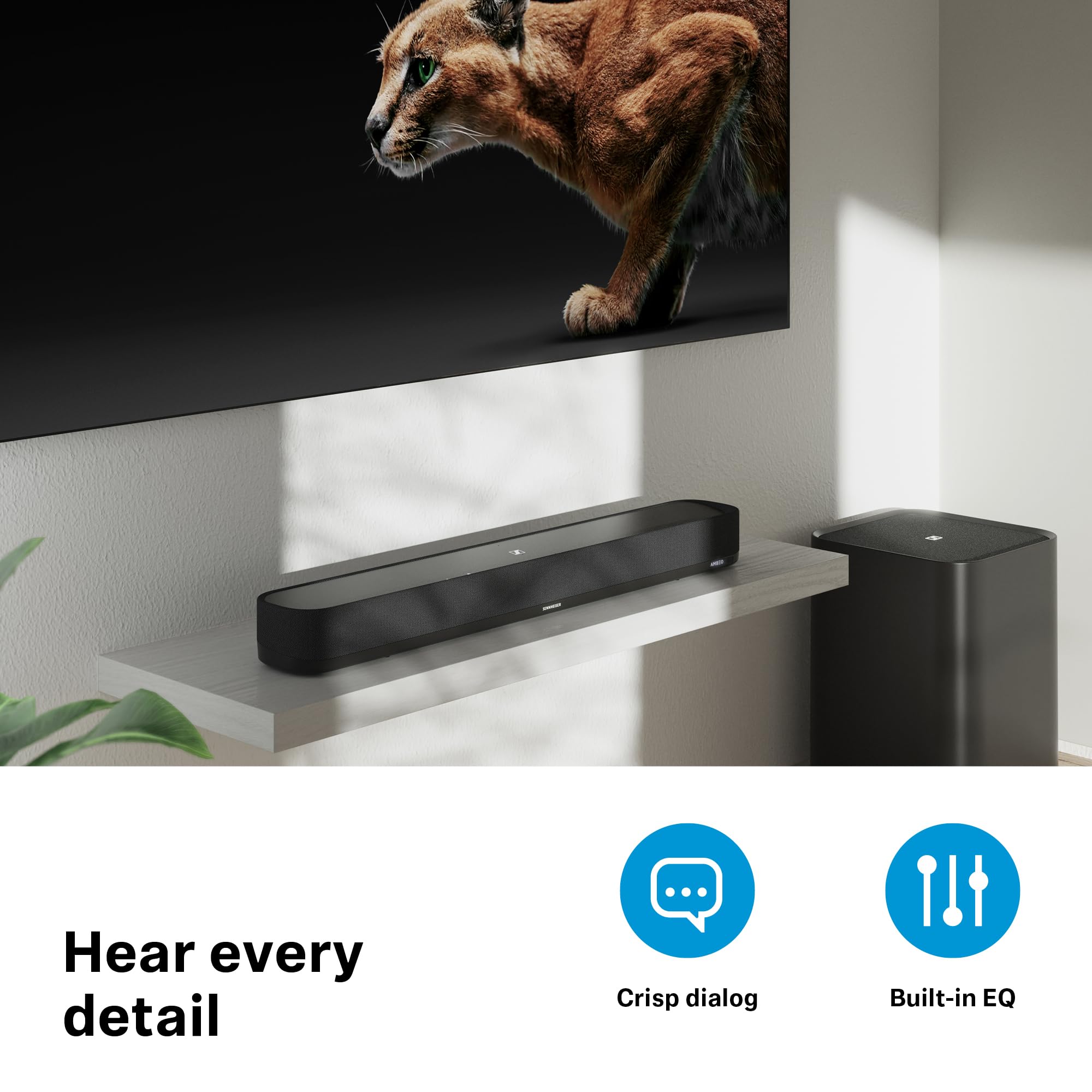 Sennheiser AMBEO Soundbar Mini - Compact 3D Soundbar with Immersive Audio for TV, Movies & Music | Adaptive EQ, Bluetooth/WiFi Connectivity | Perfect for Home Theater & Gaming Setup