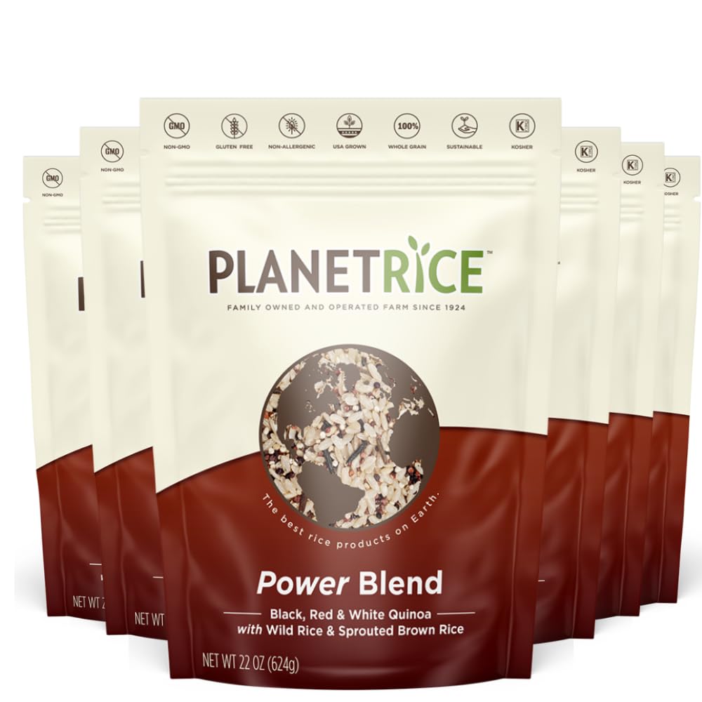 **Planet Rice Power Blend - Organic Brown Rice, Tri-Color Quinoa & Wild Rice Mix - High Fiber & Protein (64% More Fiber, 33% More Protein) - Gluten-Free, Vegan, Paleo, Non-Allergenic - 22 oz (Pack of 6) - Perfect for Meal Prep, Bulk Cooking & Healthy Family Meals**