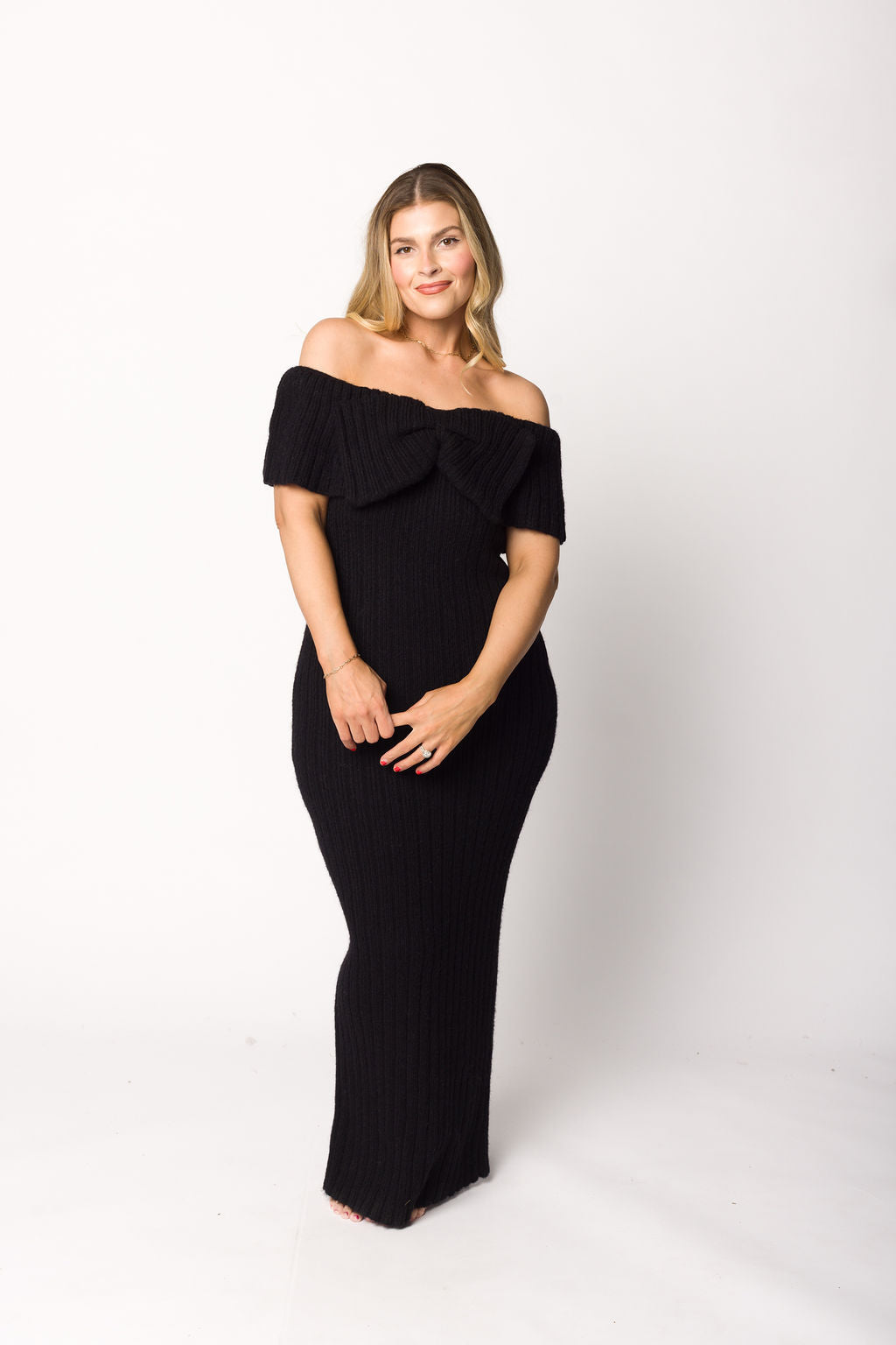 Aston Black Bow Front Maxi Sweater Dress - Bump Friendly Maternity Wear for Pregnancy, Nursing & Everyday Comfort | Plus Size Options Available