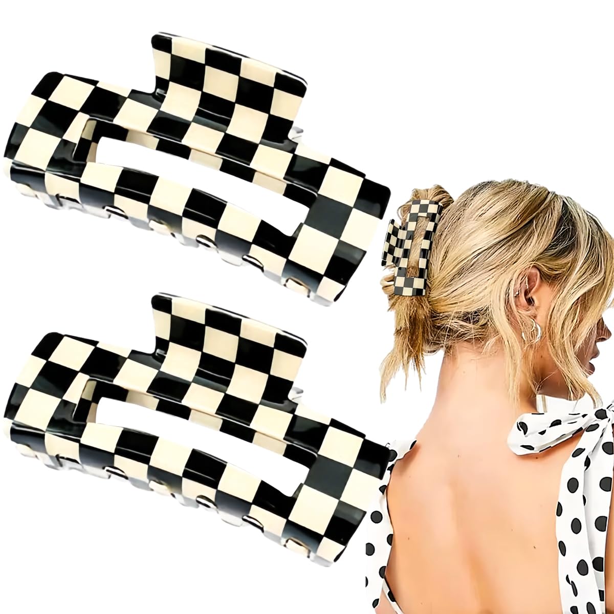 2 PCS Vintage Checkered Hair Claw Clips - Non-Slip Strong Hold Square Barrettes for Women, Cute Multicolored Plaid Rectangle Jaw Clips - Perfect for School, Work, and Everyday Hairstyles