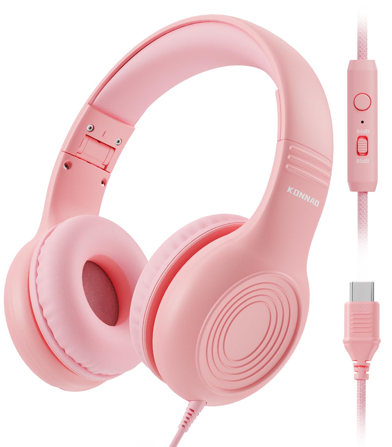 Upgrade USB Type C Kids Headphones with Microphone - Adjustable 85dB/94dB Volume Limited Wired Headphones for Boys & Girls (Pink) - Perfect for Online Learning, Gaming, and Travel