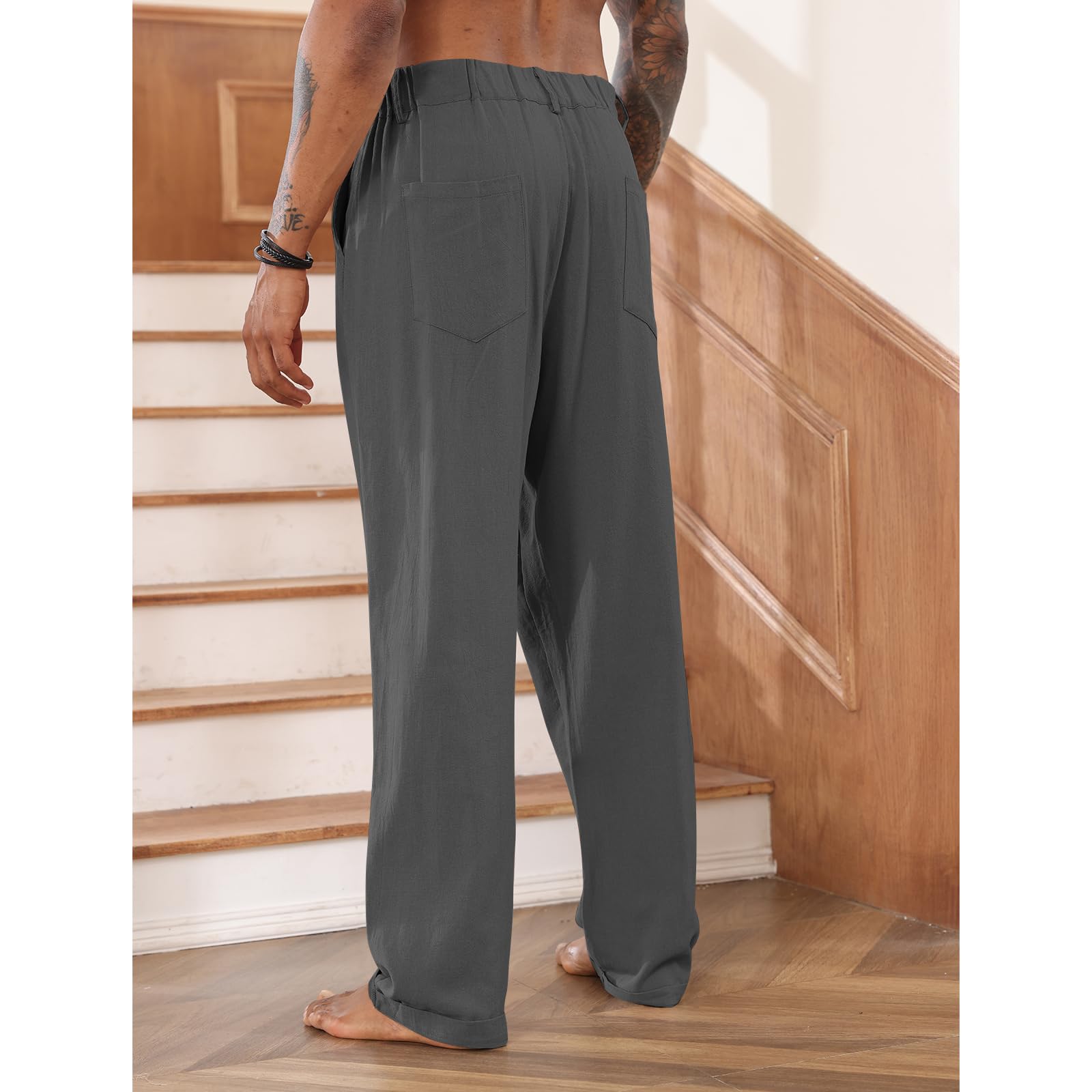 Men's Cotton Linen Pants - Elastic Drawstring Waist Casual Lounge Pants - Loose Fit Comfortable Yoga & Beach Wear for Summer Outdoor Activities