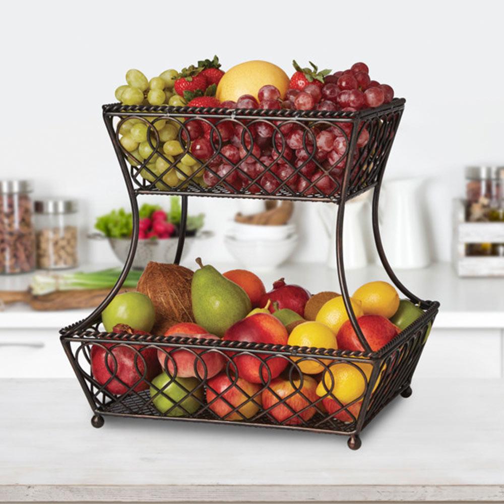 Loop Lattice 2 Tier Rectangular Basket - Rustic Wooden Storage Organizer for Bathroom, Kitchen & Office - Perfect for Towels, Fruits & Office Supplies