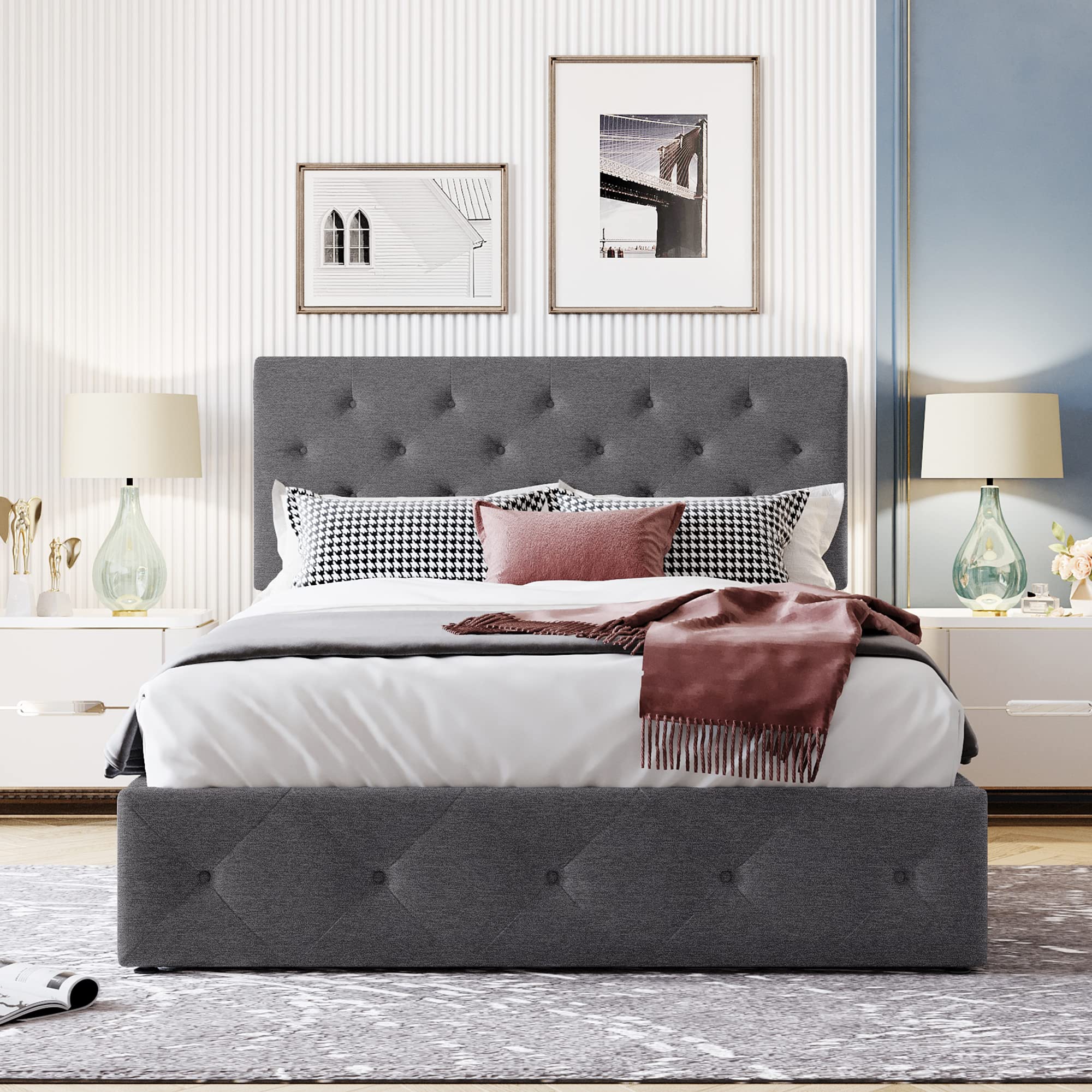 Full Size Upholstered Platform Bed with Hydraulic Storage System - 77.9