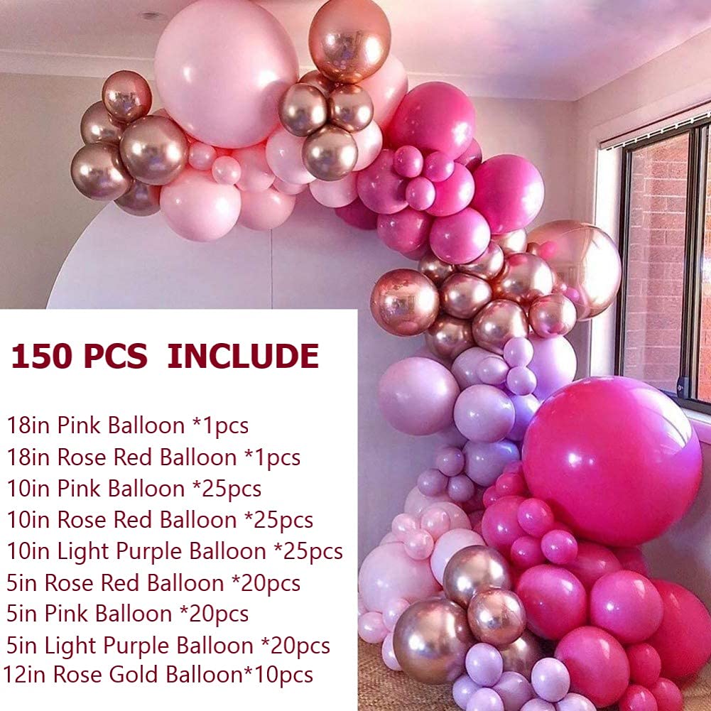 ONANA 150Pcs Hot Pink & Rose Gold Chrome Balloon Garland Arch Kit - Premium Birthday, Wedding, Baby Shower Party Decorations for Girls | Perfect for Indoor/Outdoor Celebrations, Photo Backdrops & Festive Events